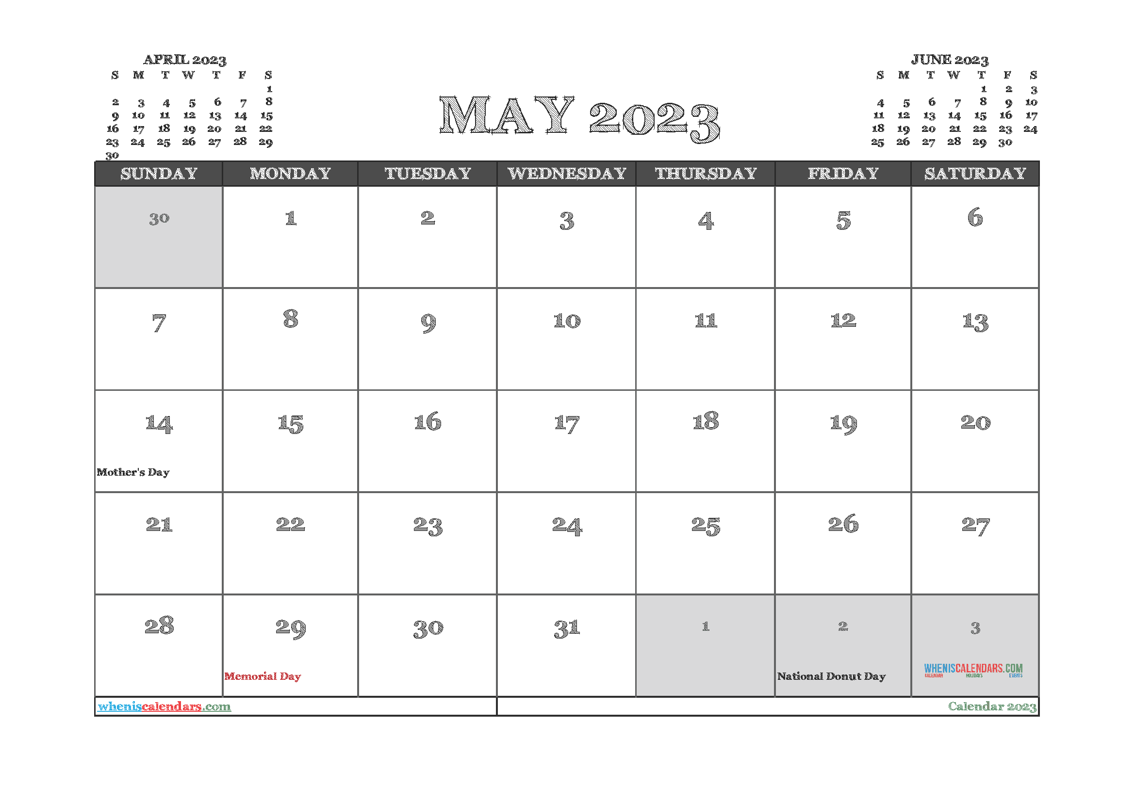 Free Printable Calendar May 2023 with Holidays PDF in Landscape