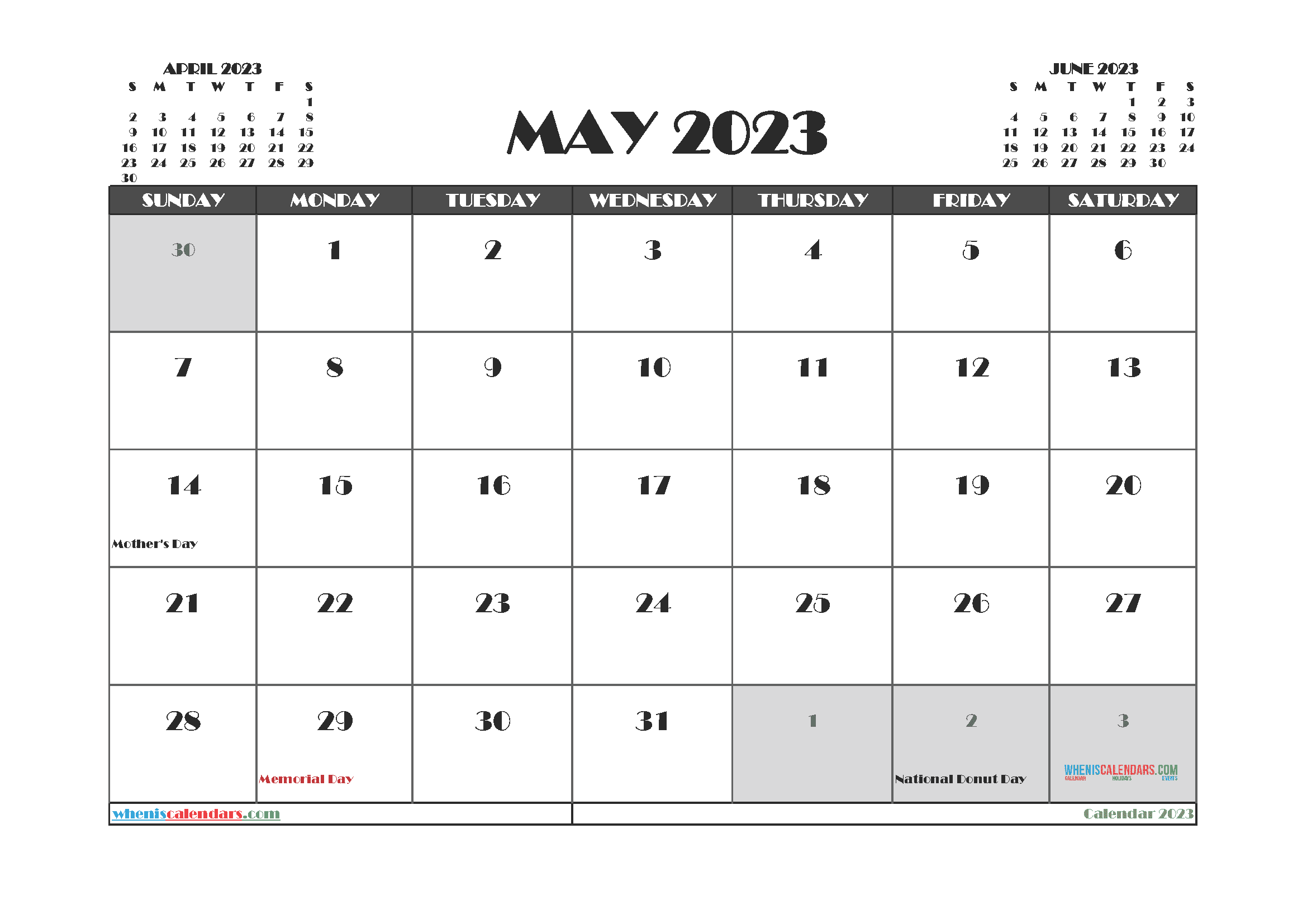 May 2023 Calendar with Holidays Free Printable PDF in Landscape