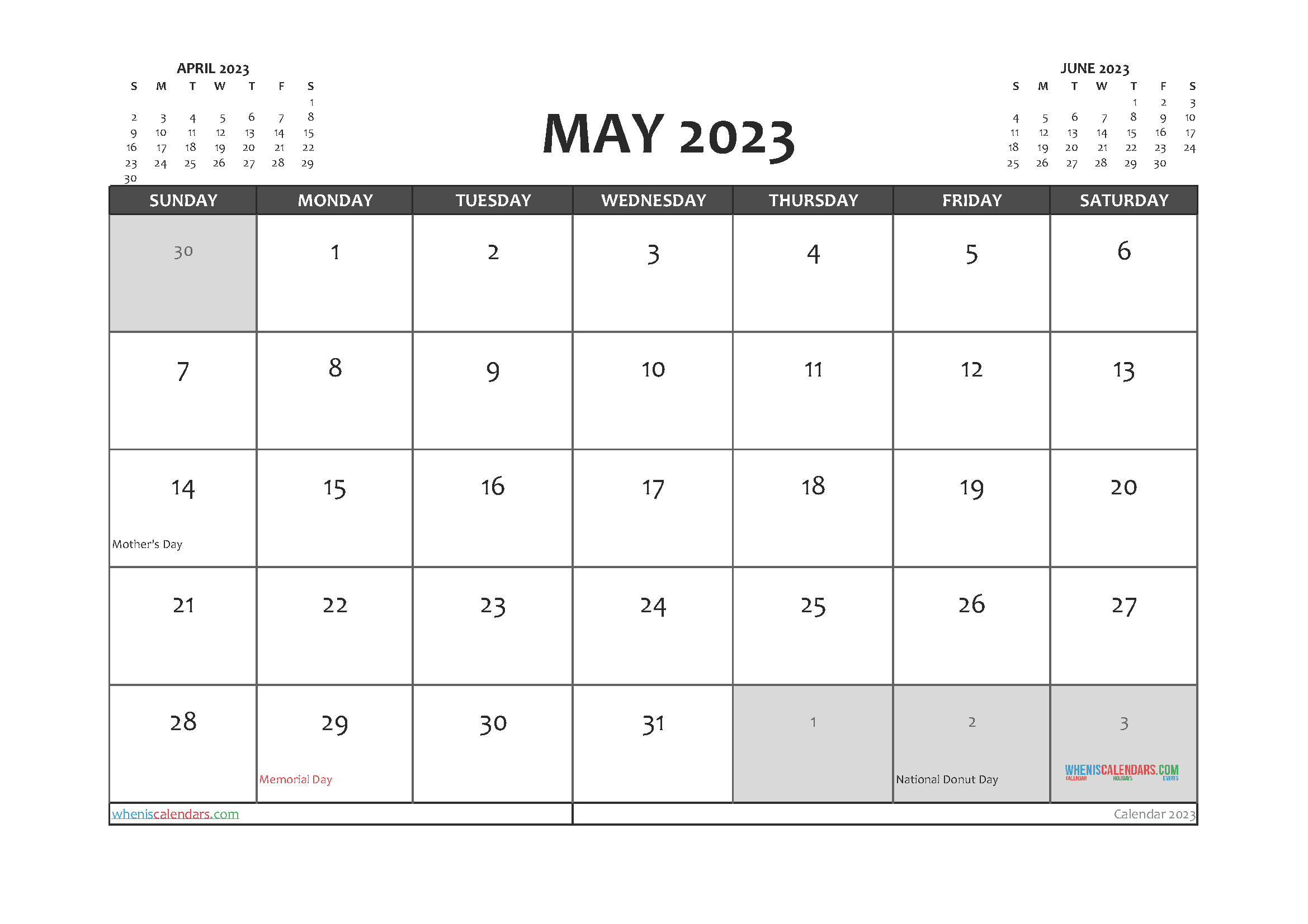 Free Calendar May 2023 with Holidays Printable PDF in Landscape