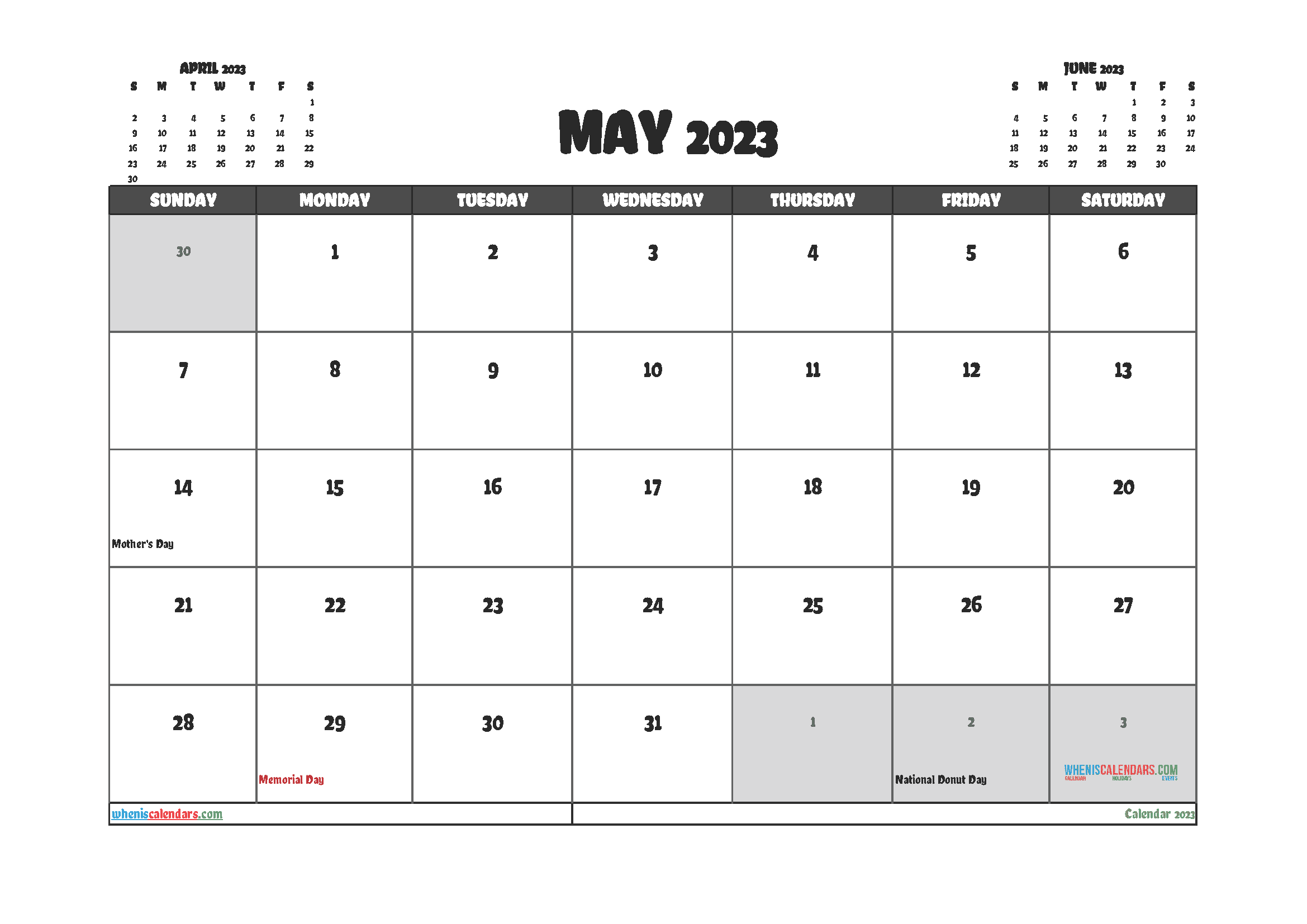 Free Calendar 2023 May with Holidays PDF in Landscape