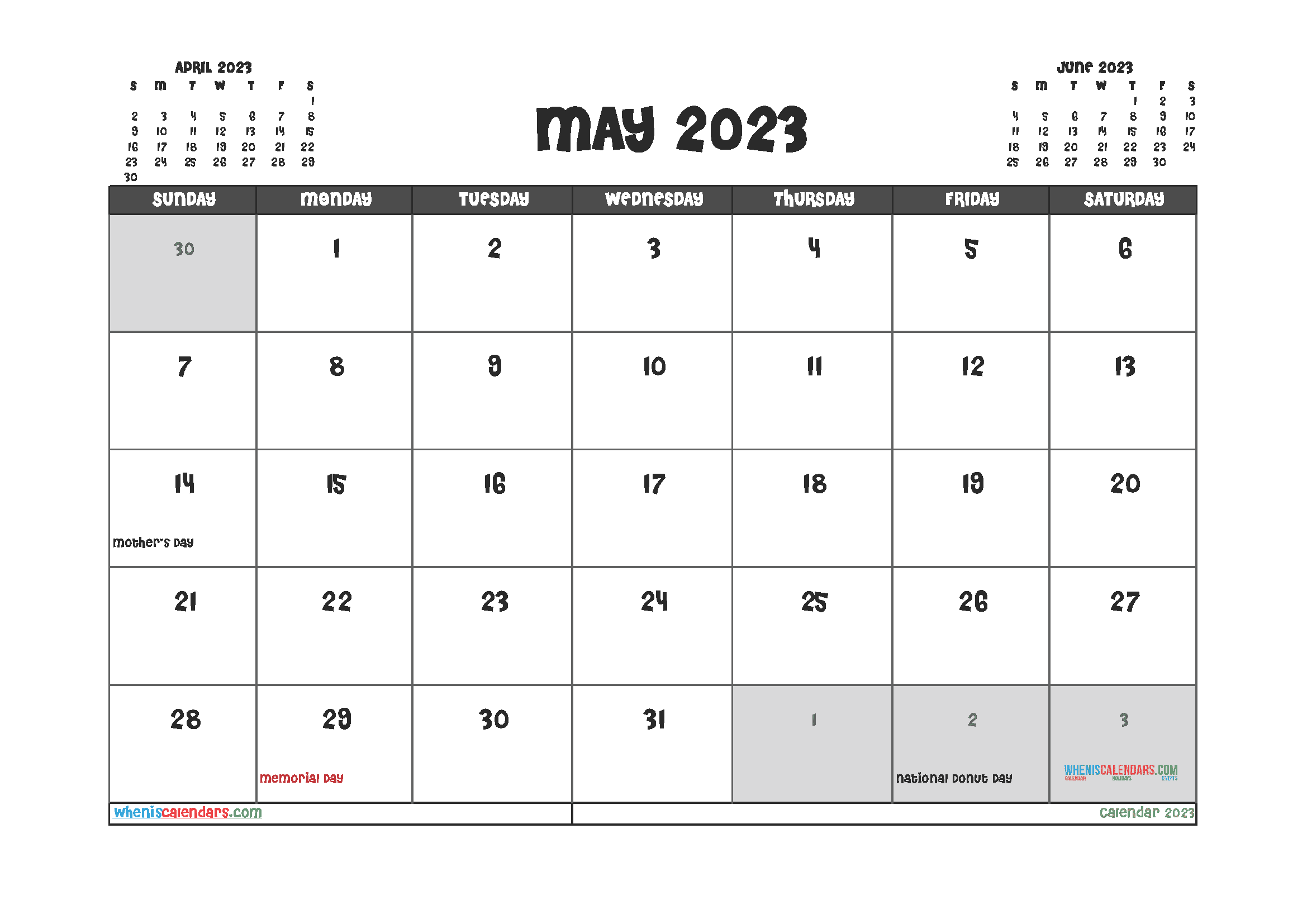 Free Printable Calendar May 2023 with Holidays PDF in Landscape