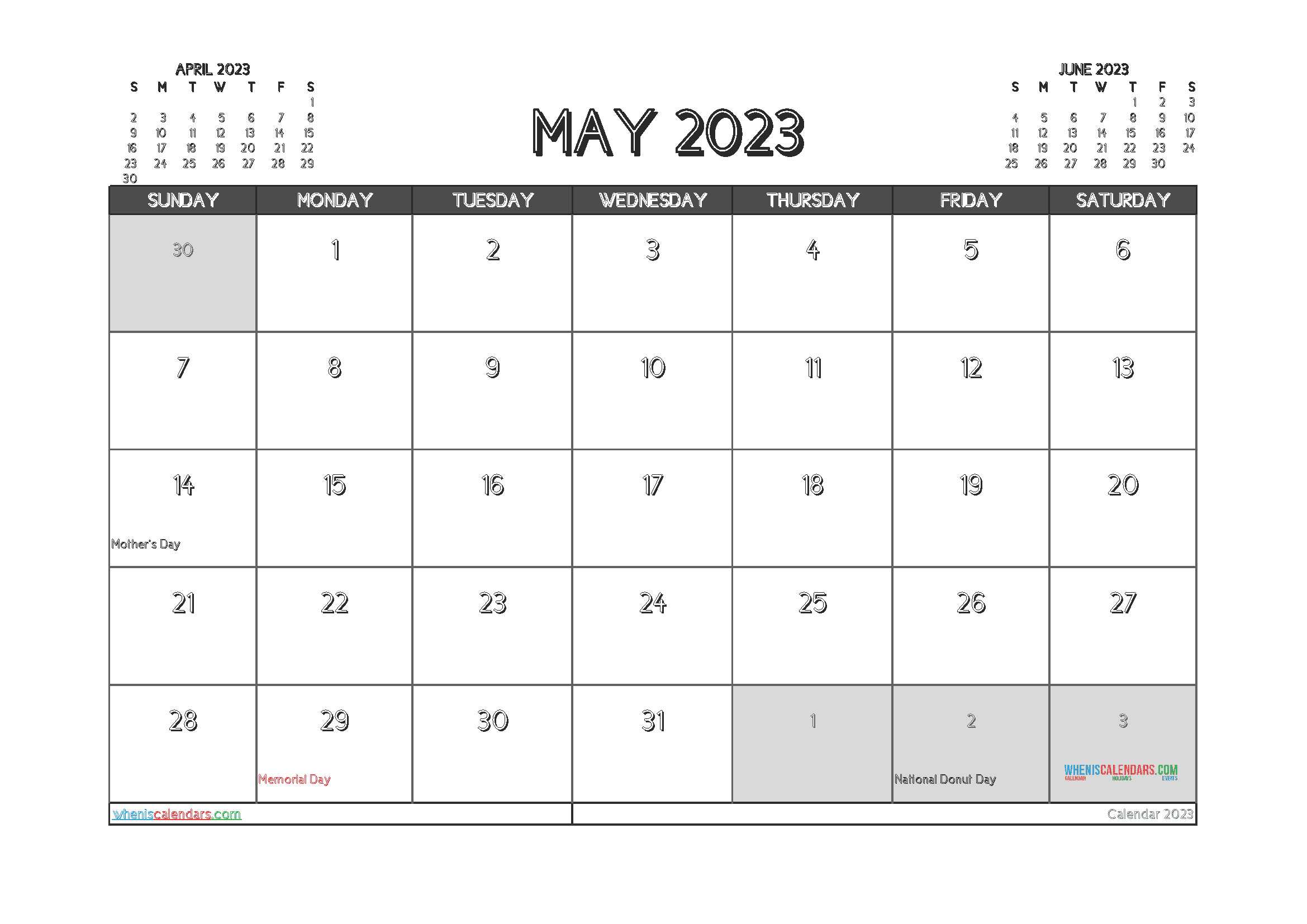 Free Printable May 2023 Calendar with Holidays PDF in Landscape
