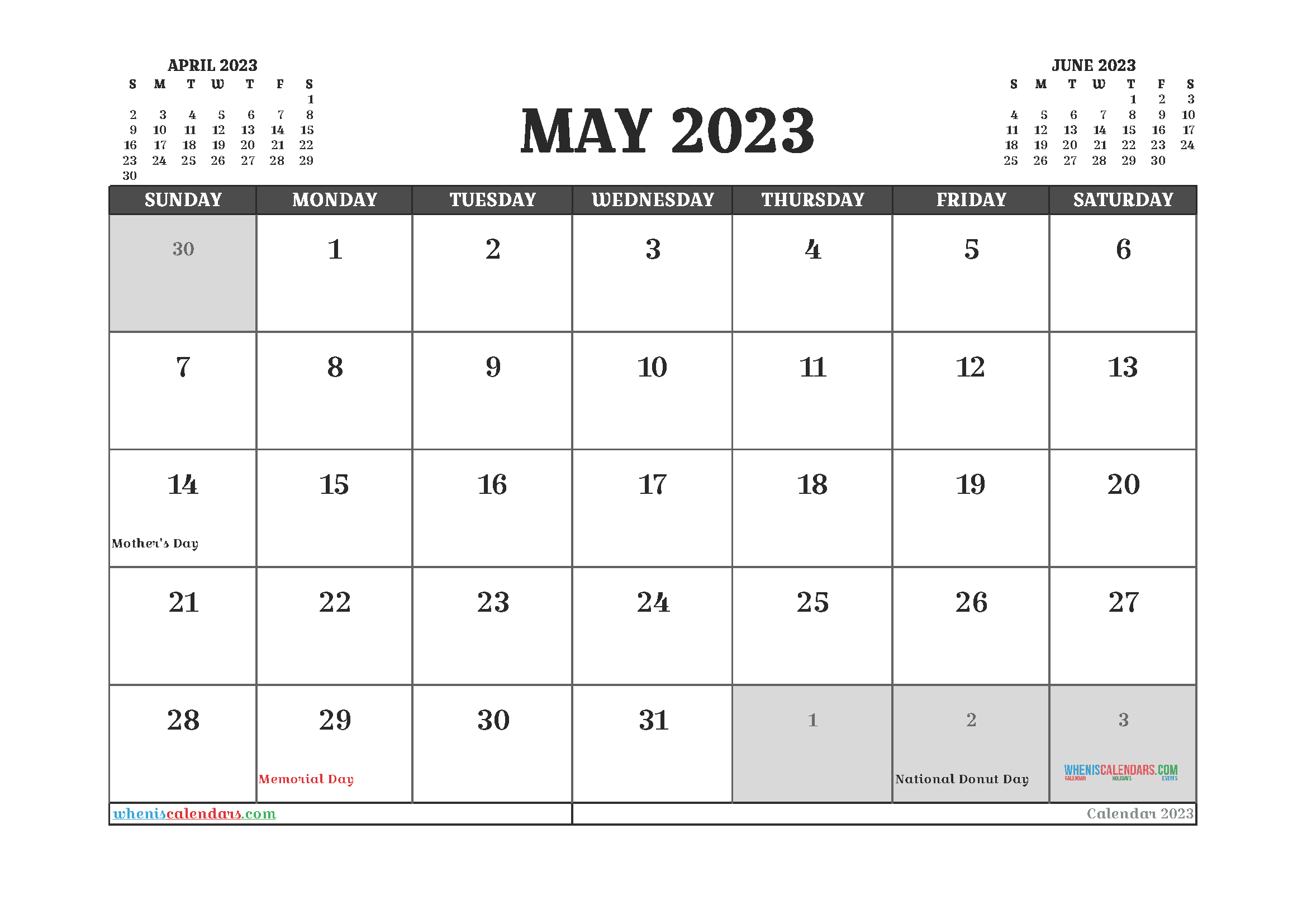 Printable May 2023 Calendar with Holidays Free PDF in Landscape