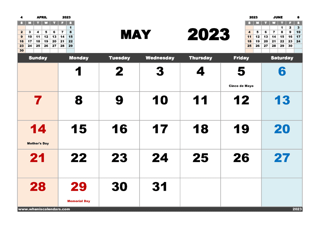 Downloadable free printable Calendar for May 2023 with holidays in variety format and orientation