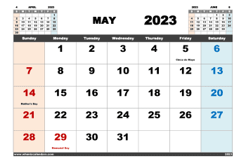 Downloadable free printable Calendar for May 2023 with holidays in variety format and orientation