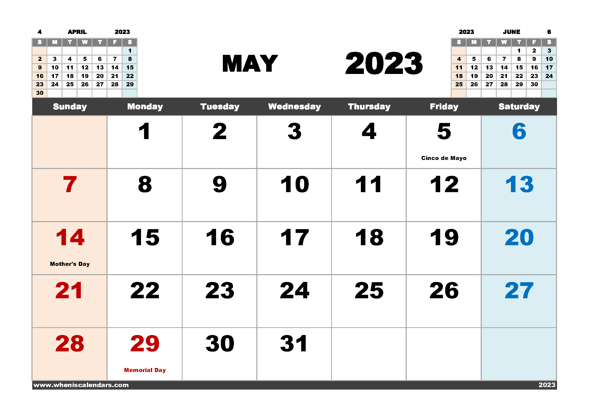 May 2023 Calendar Free Printable PDF Landscape Format