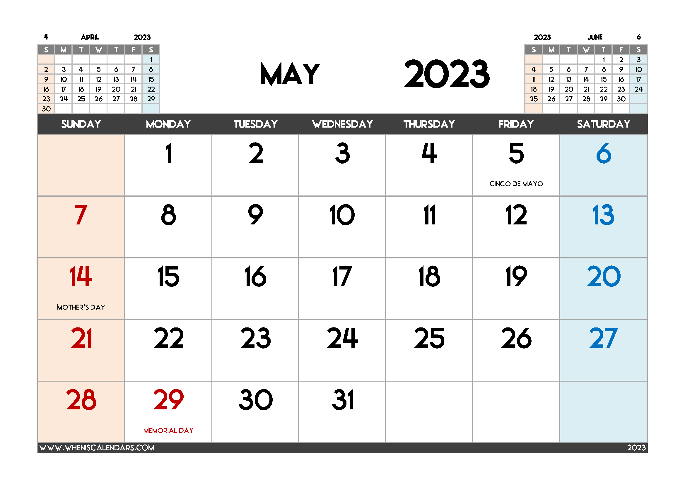 Printable May 2023 Calendar Free PDF in Landscape