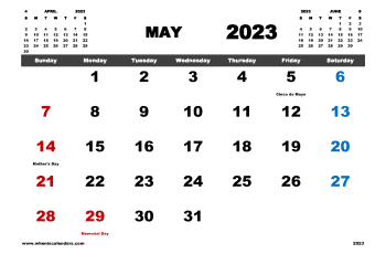 Free Printable May 2023 Calendar with Holidays in Variety Formats (Name: 523pna4hl10)