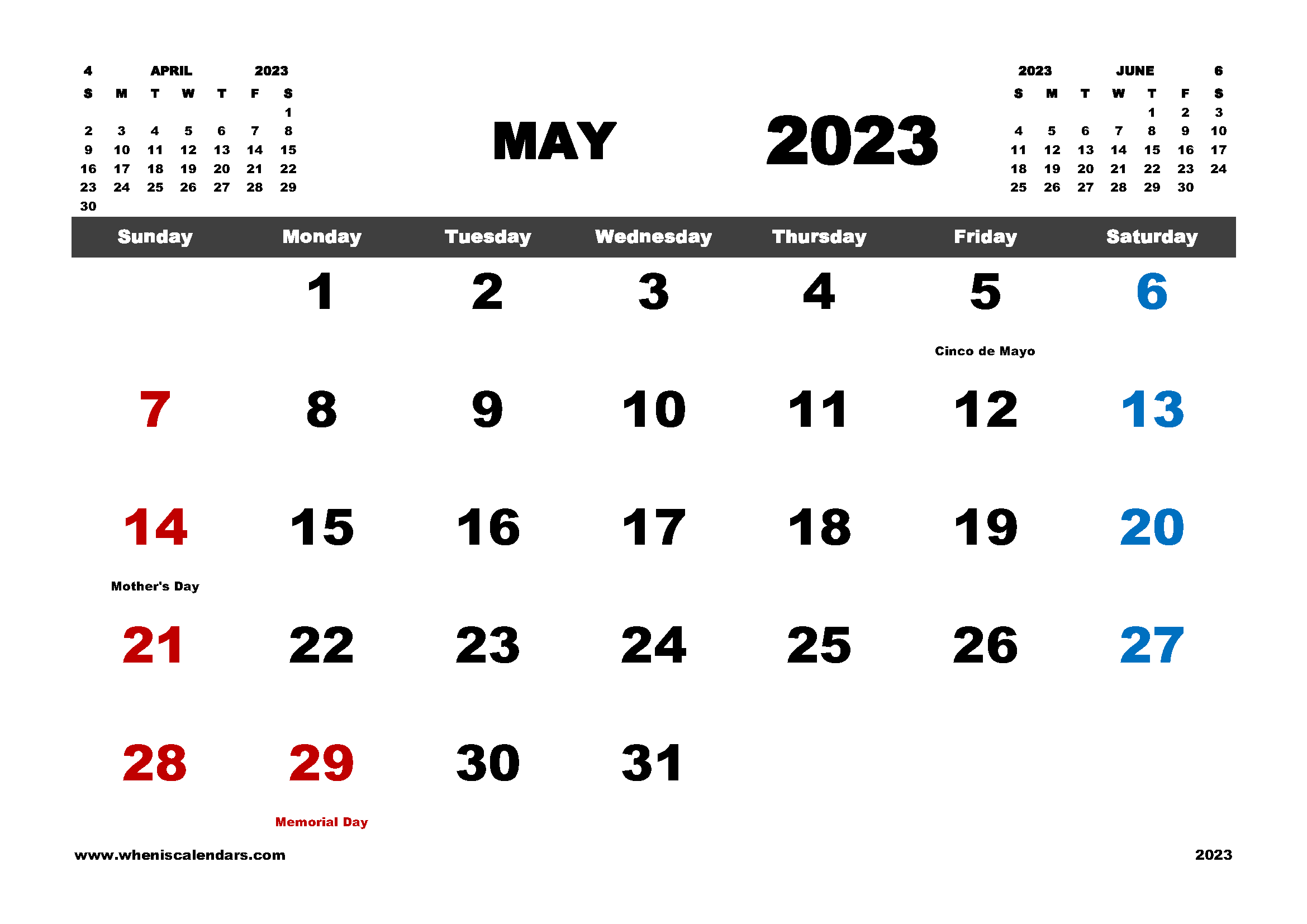 Free Printable May 2023 Calendar with Holidays in Variety Formats