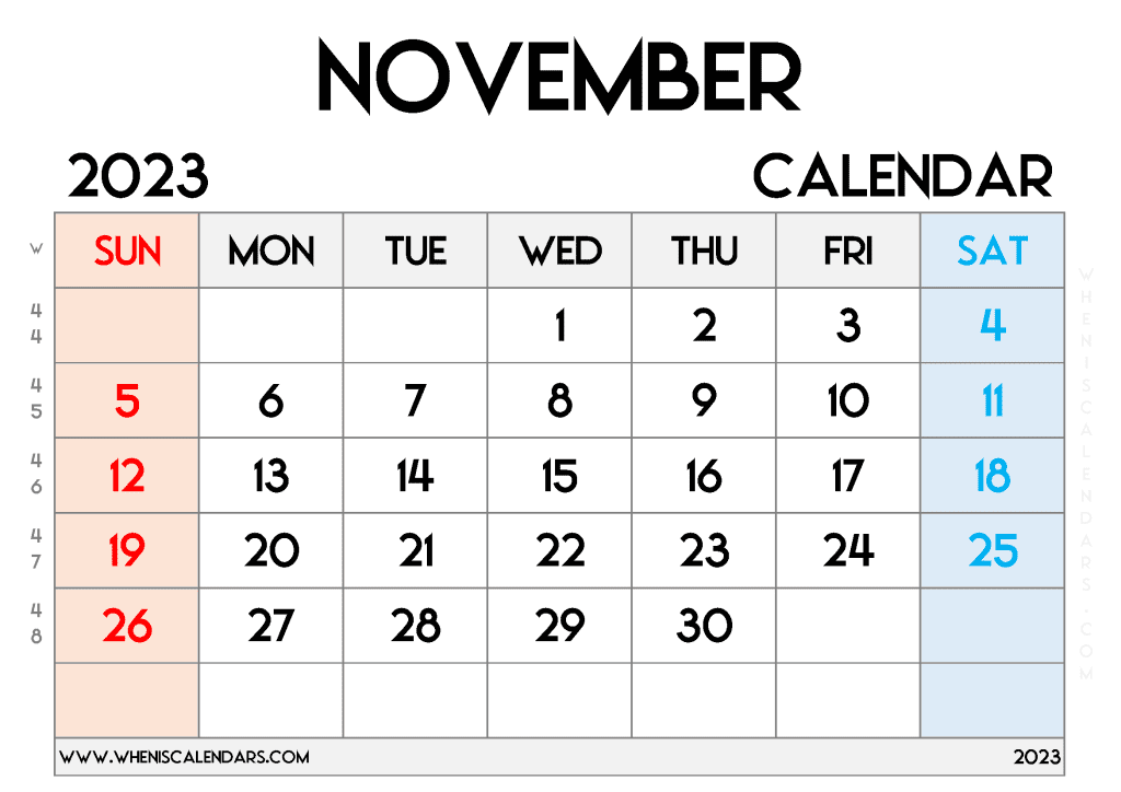 Free November 2023 Calendar with Week Numbers Printable Monthly Calendar in Landscape 