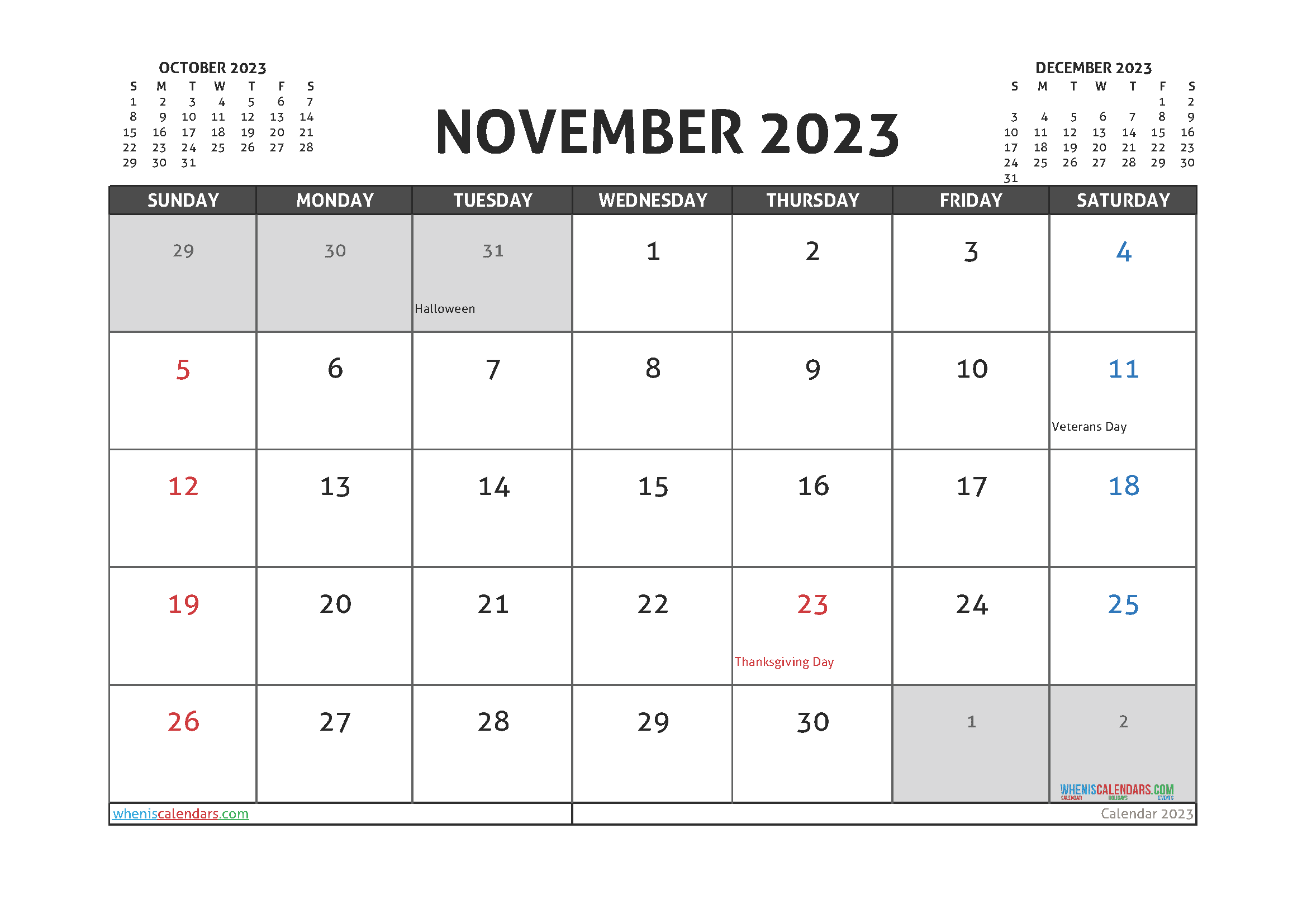 November 2023 Calendar with Holidays Free Printable PDF in Landscape