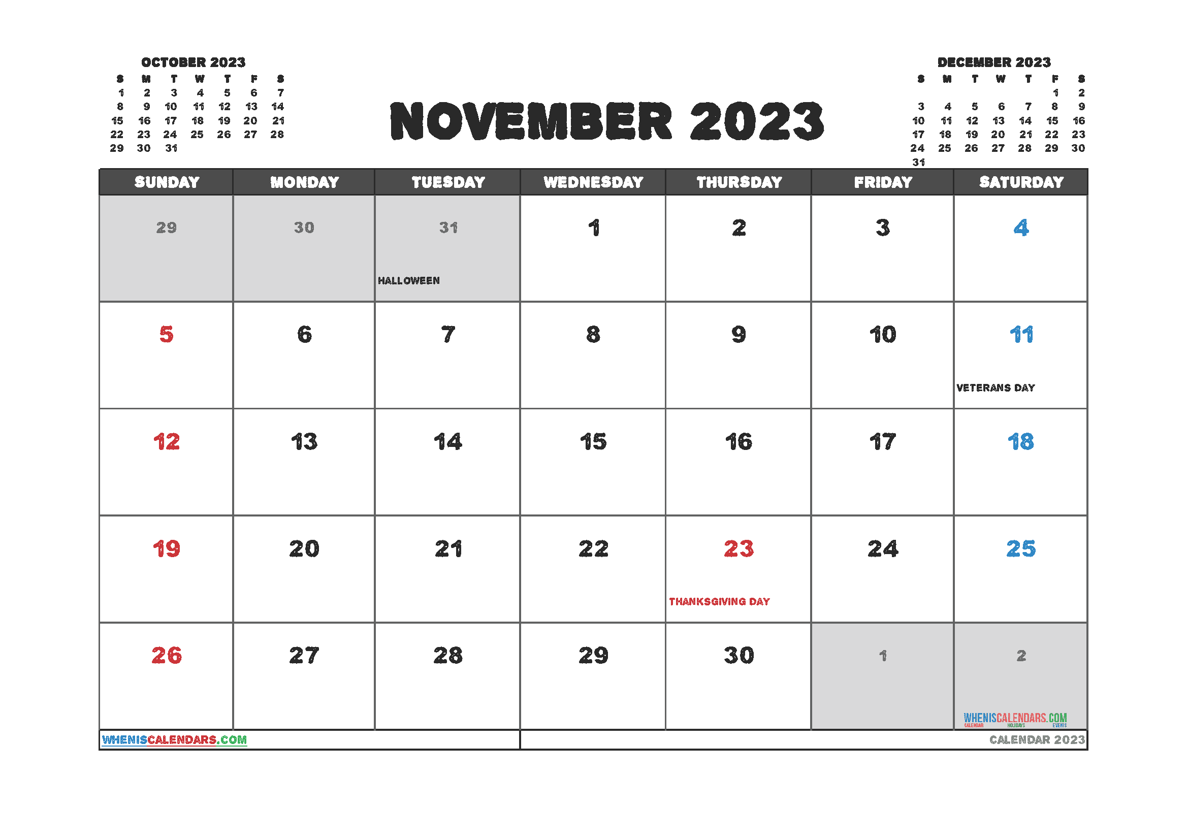 Free November 2023 Calendar with Holidays Printable PDF in Landscape