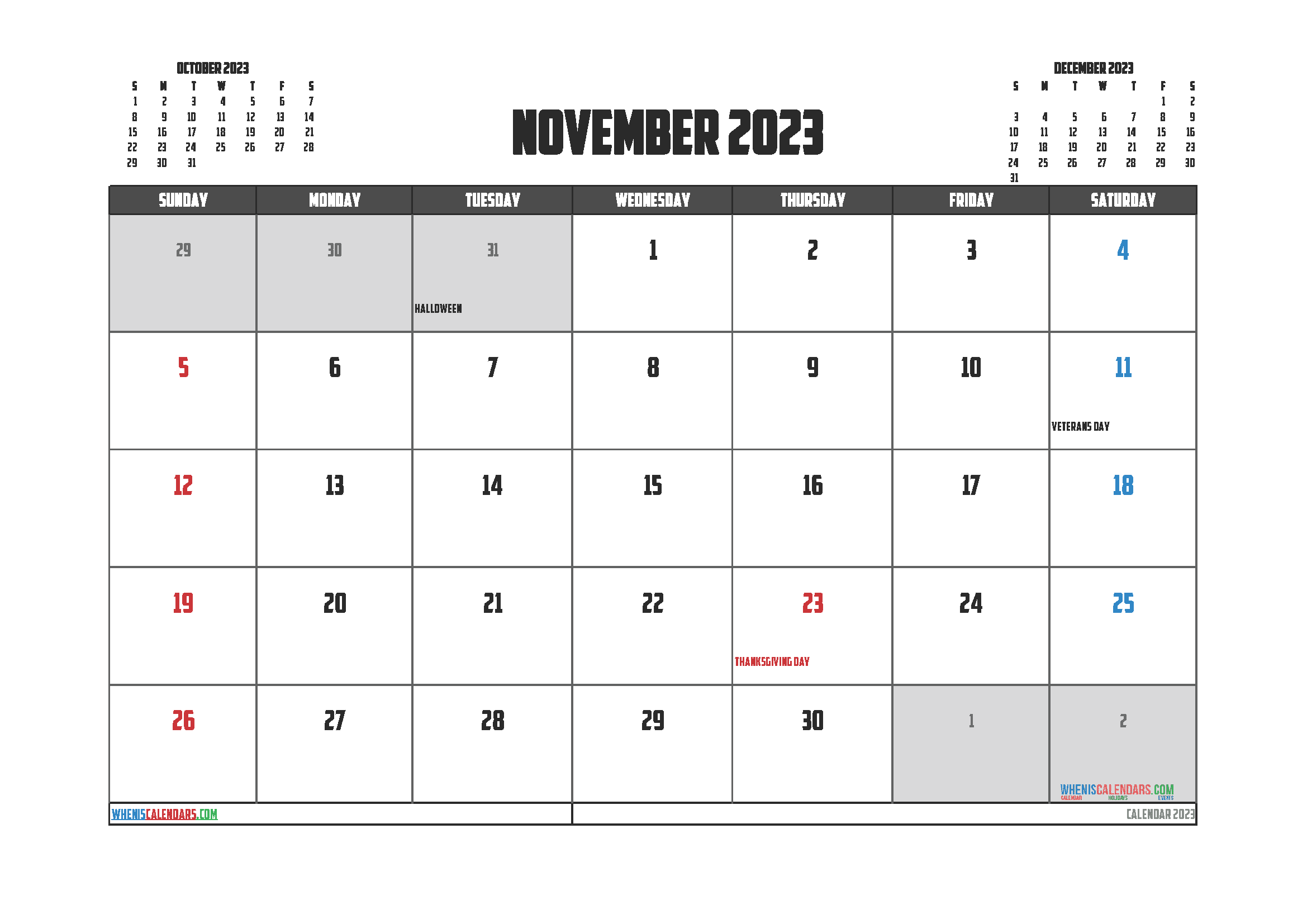 Printable November 2023 Calendar with Holidays Free PDF in Landscape (TMP: 1123ha4hl5)