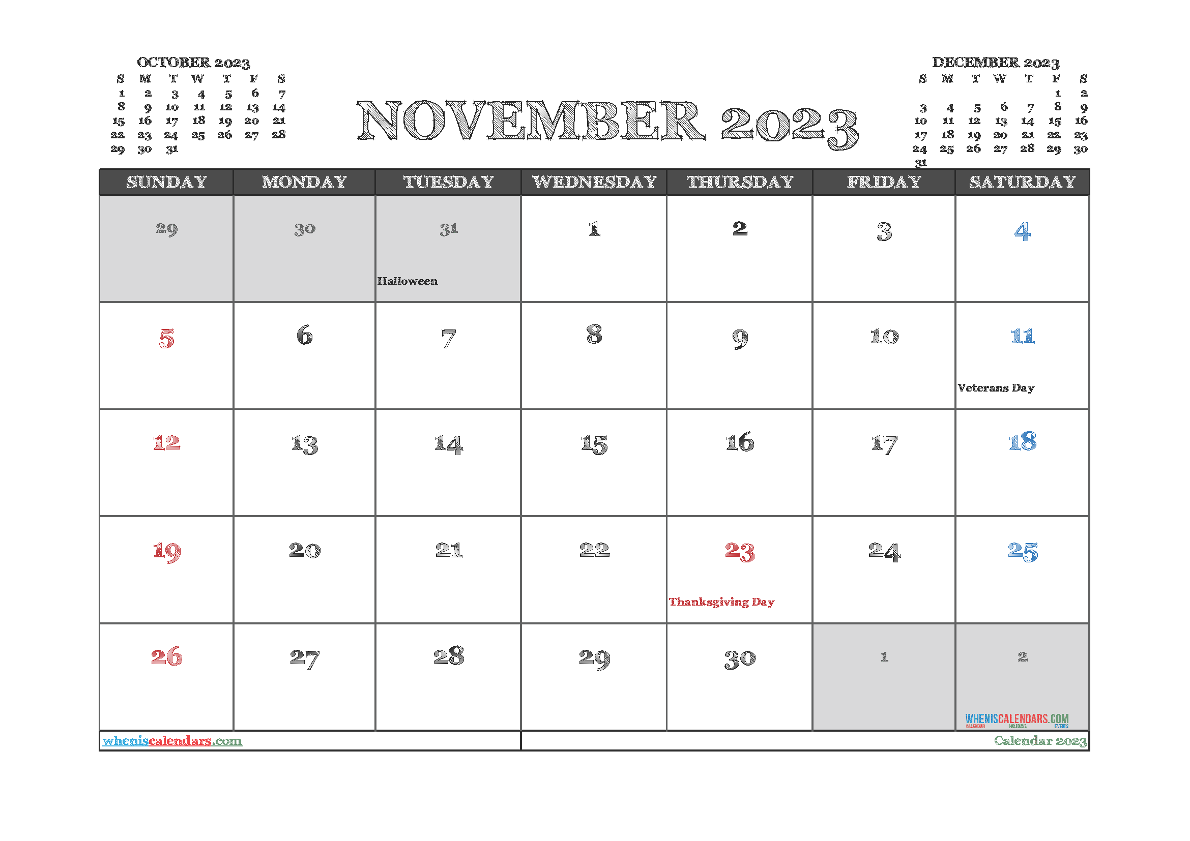 Downloadable November 2023 Calendar with Holidays Printable Free PDF in Landscape (TMP: 1123ha4hl6)