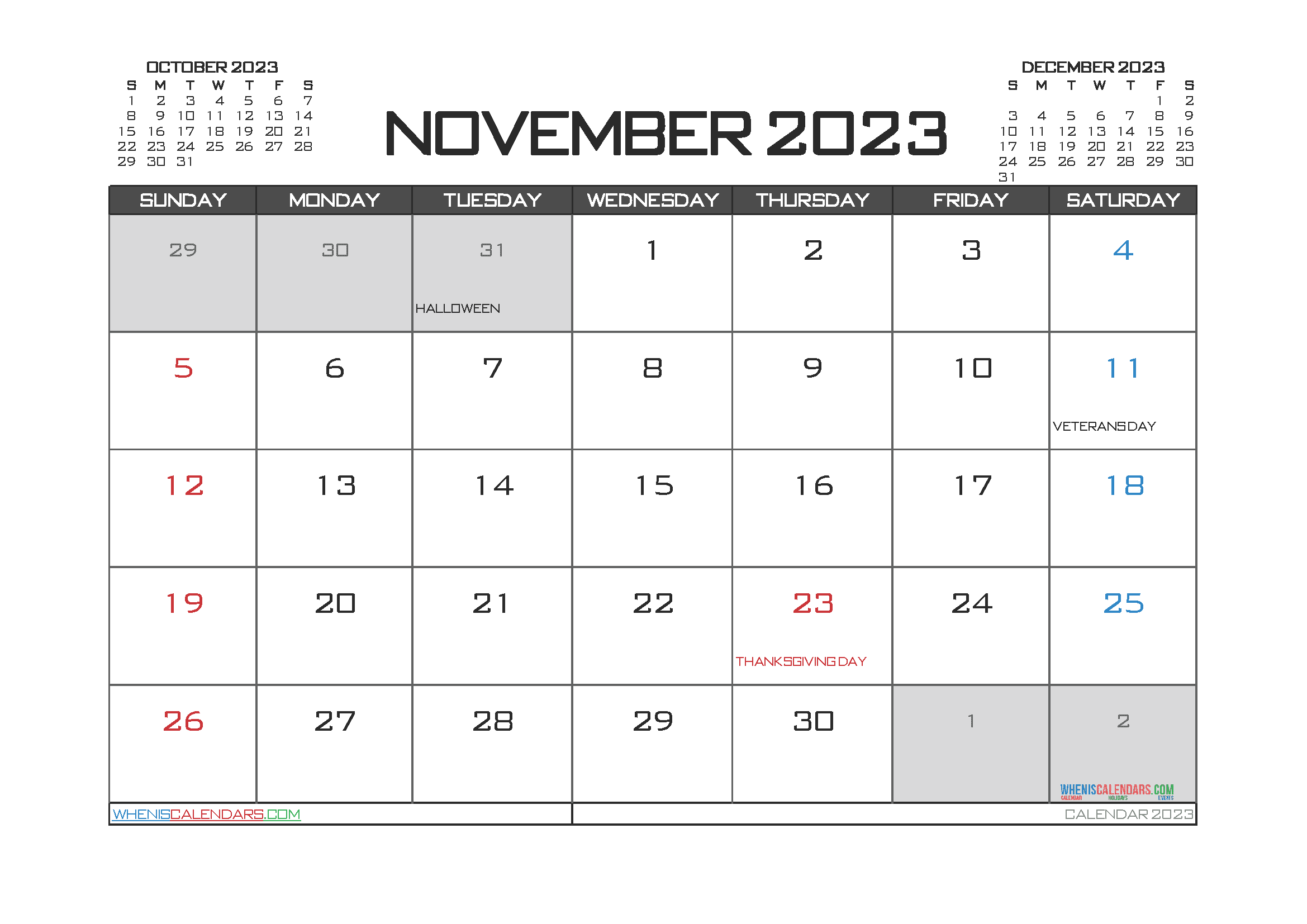 Download free printable calendar 2023 with holidays A4 23O009