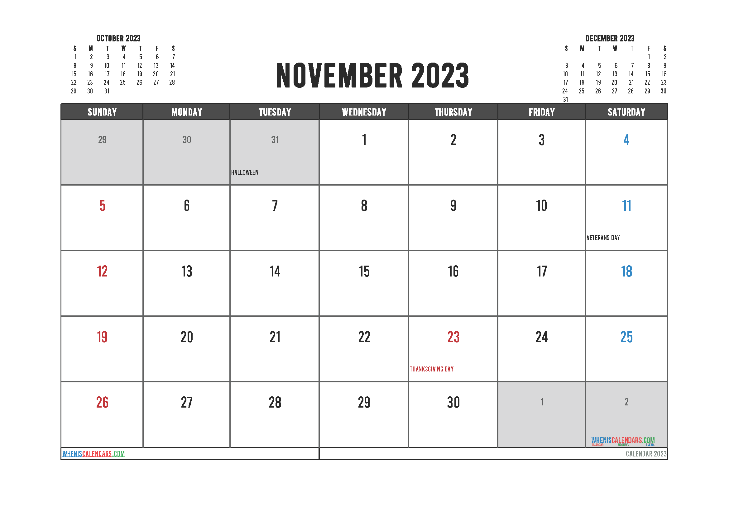 Printable November 2023 Calendar with Holidays Free PDF in Landscape (TMP: 1123ha4hl14)