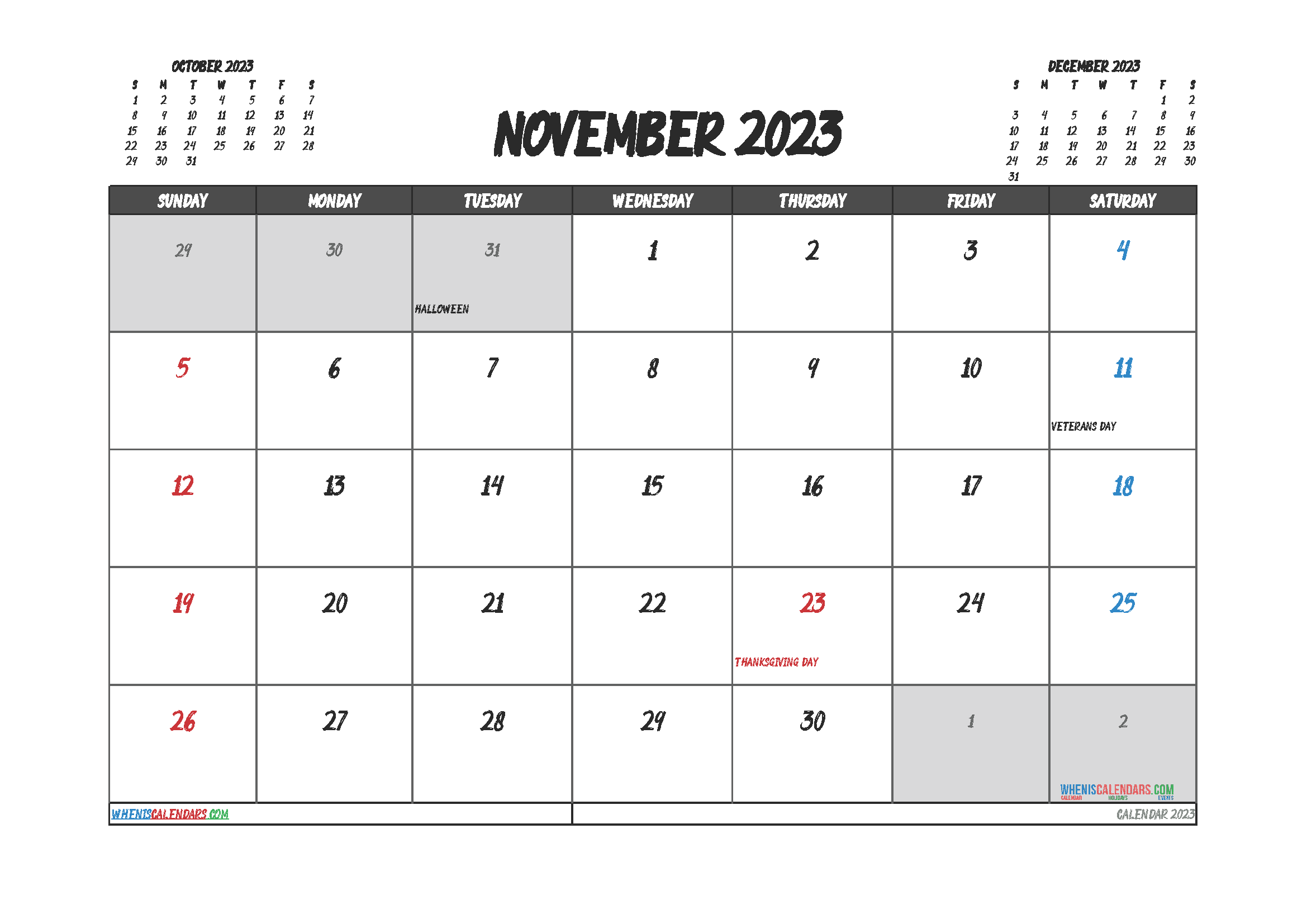 Download free printable 2023 calendar with holidays A4 23O031