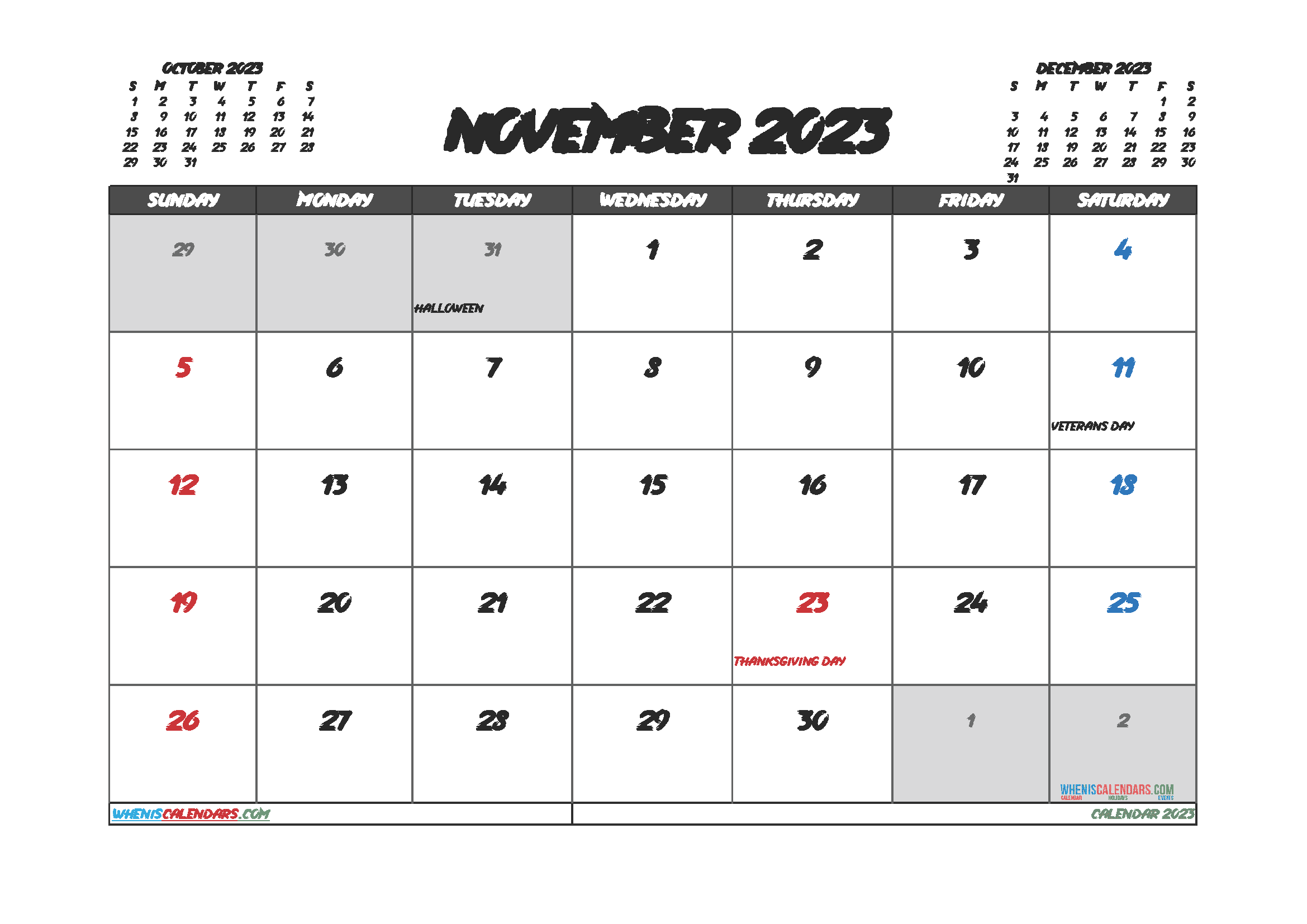 Printable November 2023 Calendar with Holidays Free PDF in Landscape