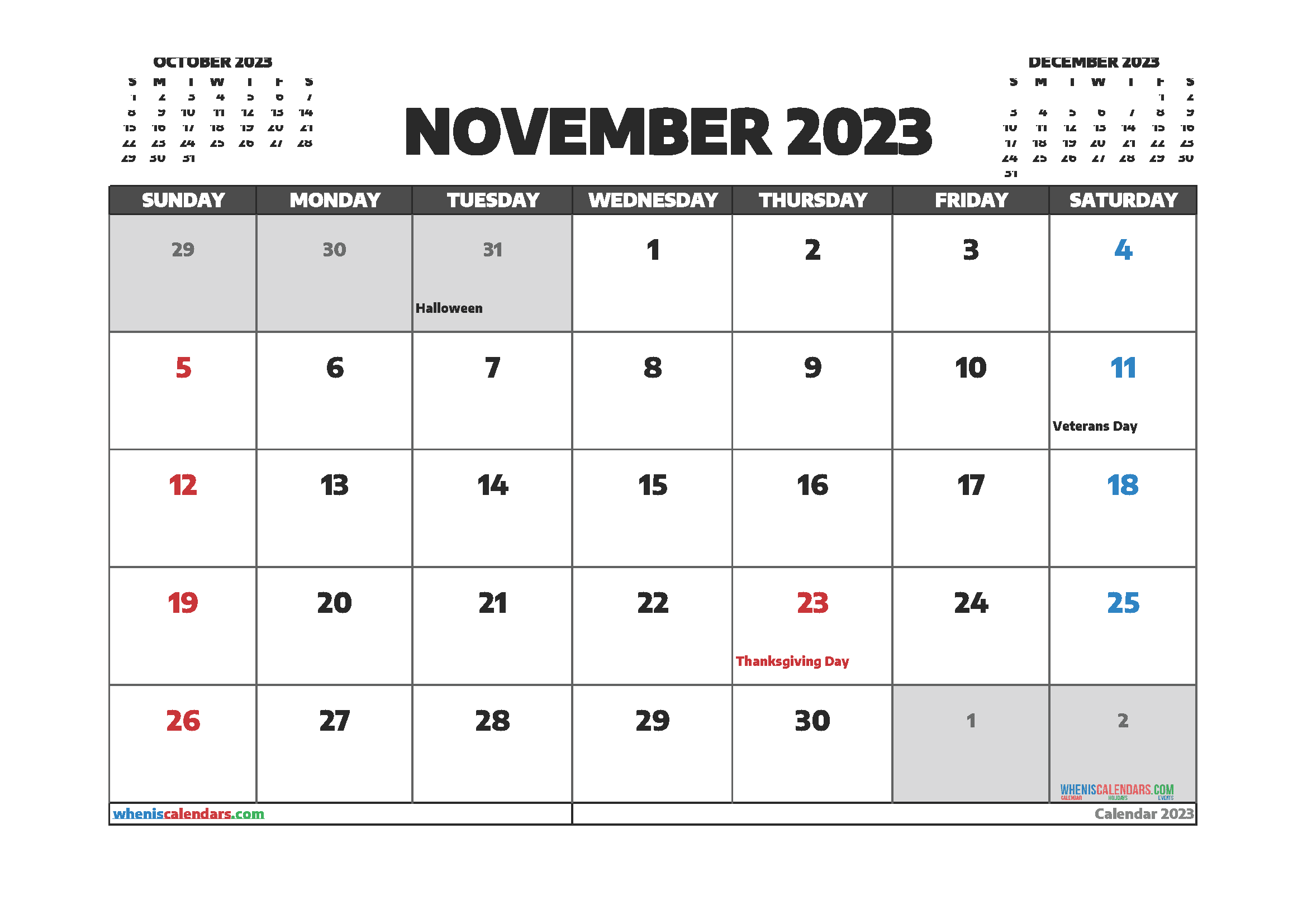 Free Printable November 2023 Calendar with Holidays PDF in Landscape
