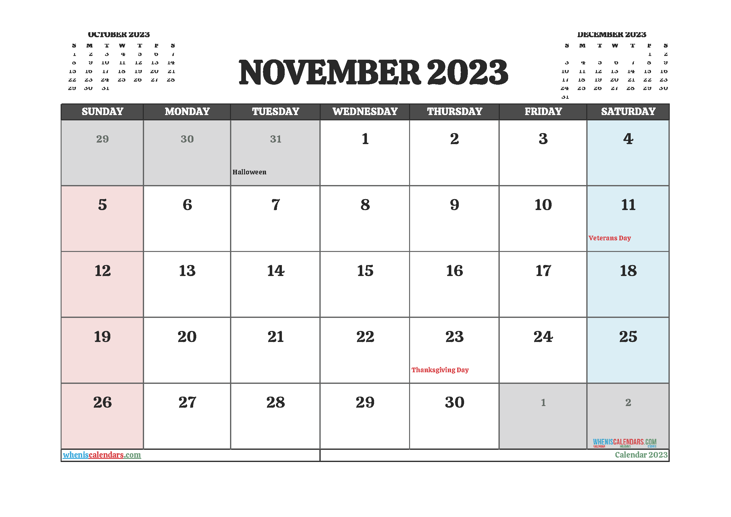November 2023 Calendar with Holidays Free Printable PDF in Landscape