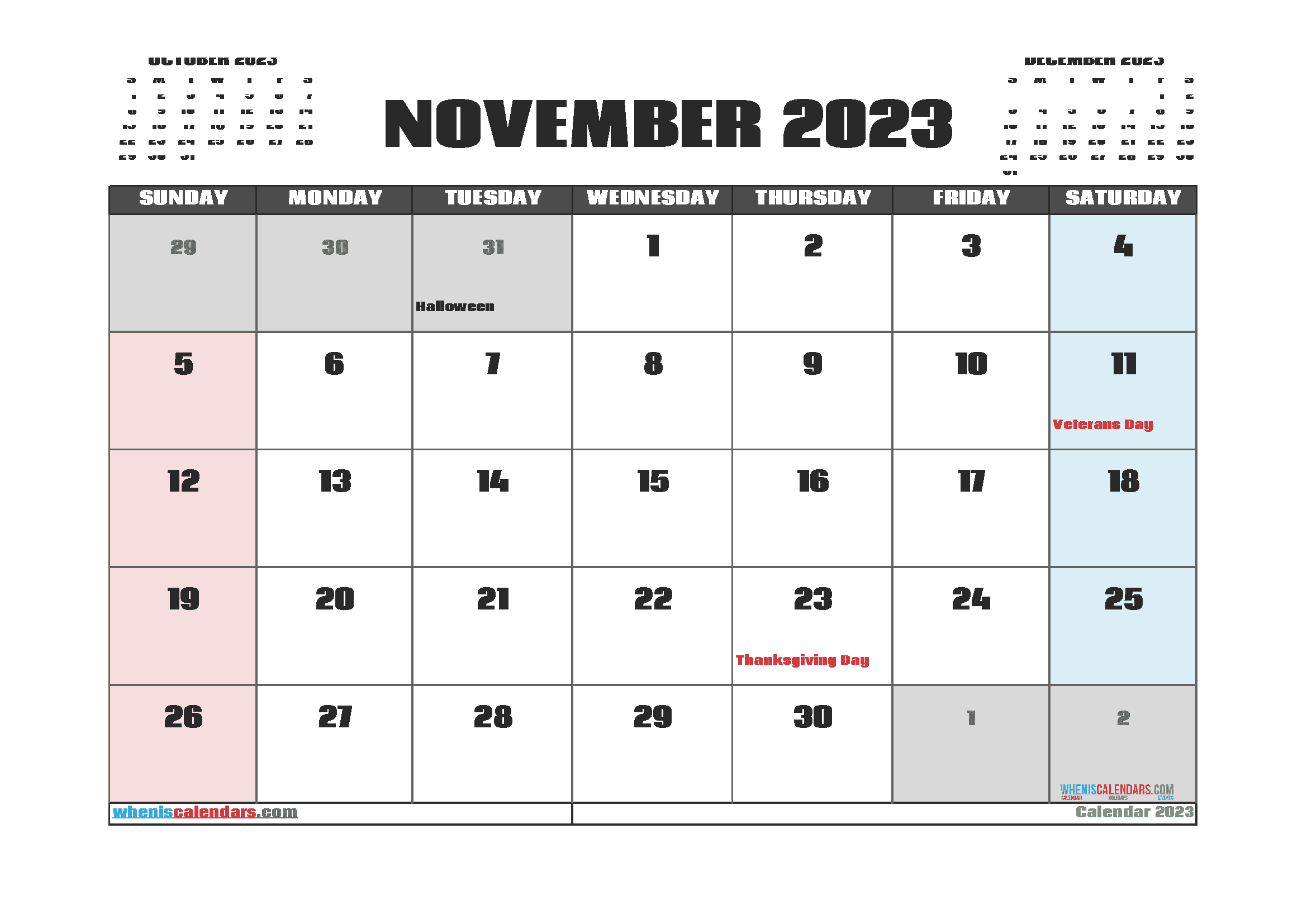 Free Printable November 2023 Calendar with Holidays PDF in Landscape (TMP: 1123ha4hl64)