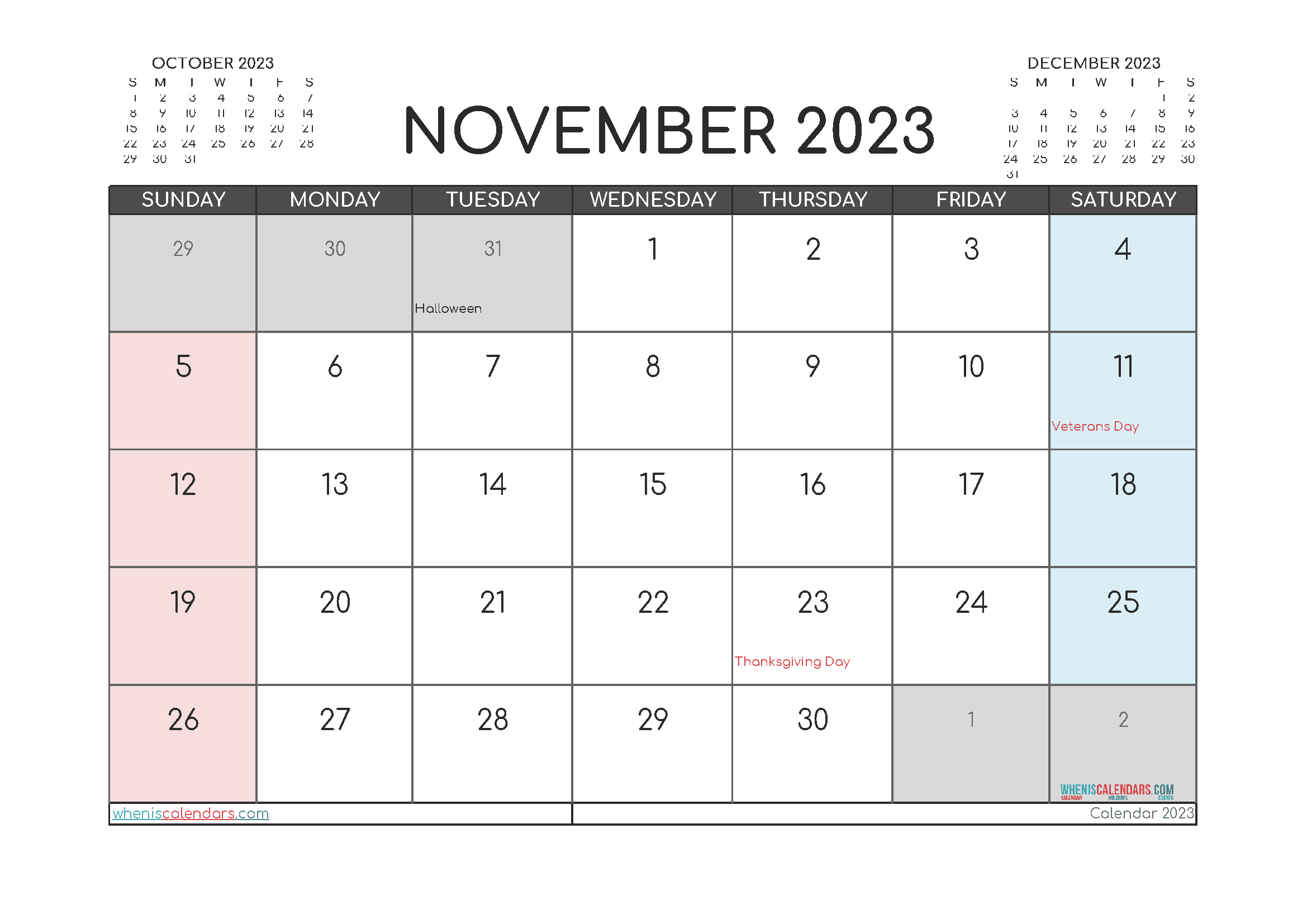 November 2023 Calendar with Holidays Free Printable PDF in Landscape (TMP: 1123ha4hl65)