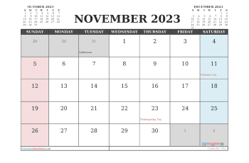 Printable November 2023 Calendar with Holidays