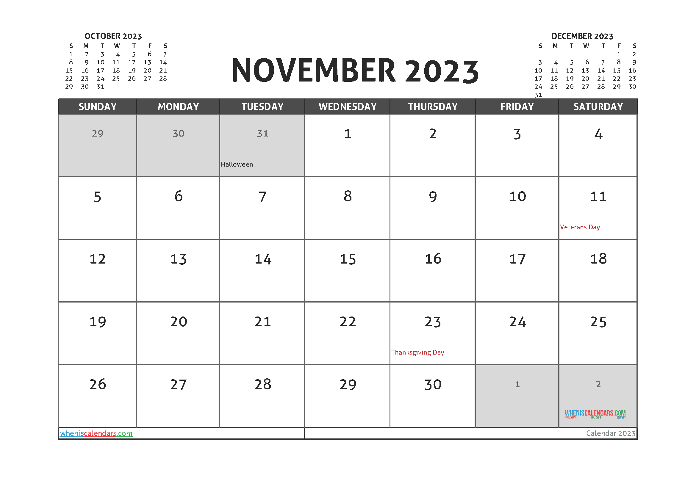 Free Calendar November 2023 with Holidays Printable PDF in Landscape