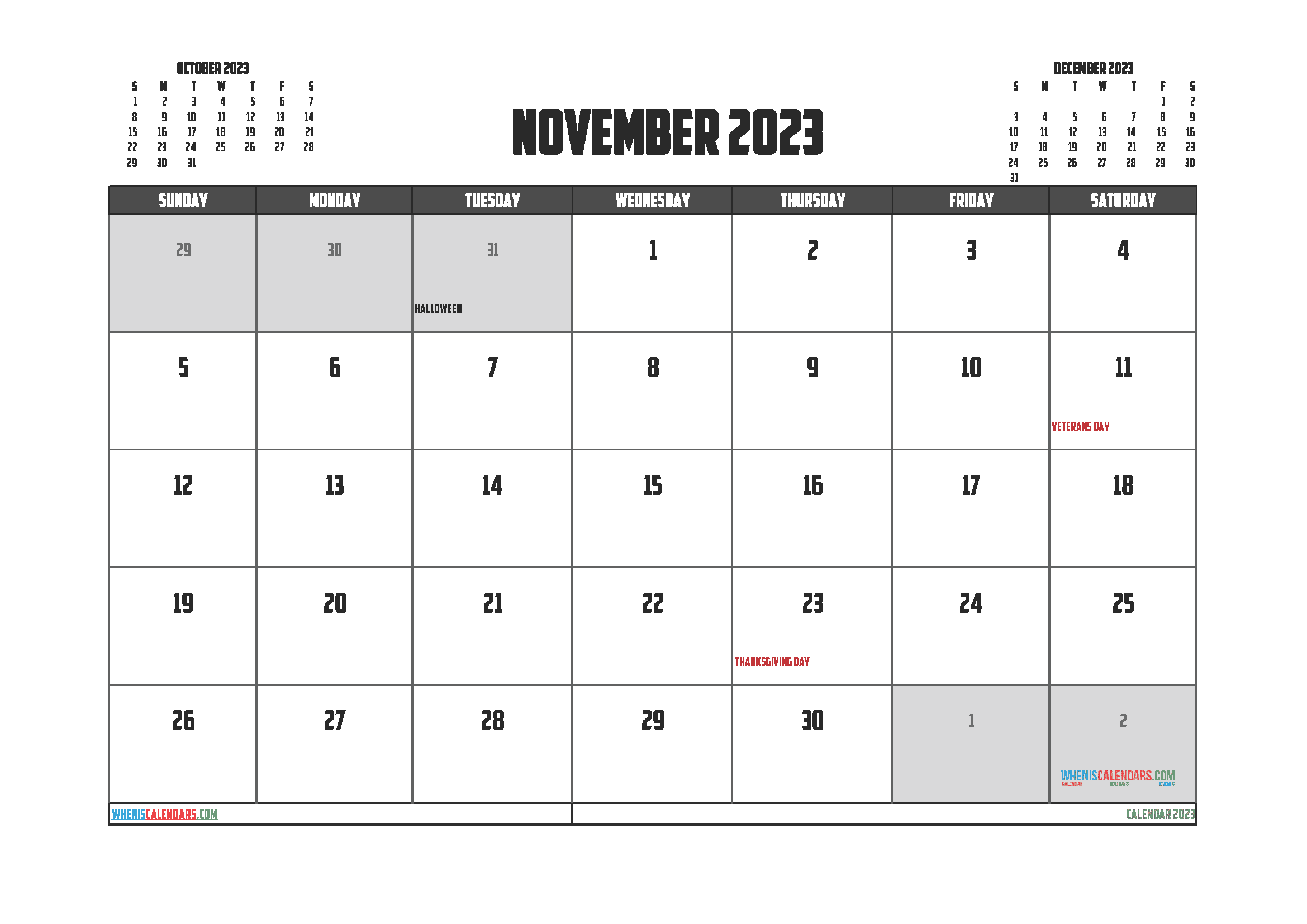 Free Calendar 2023 November with Holidays PDF in Landscape