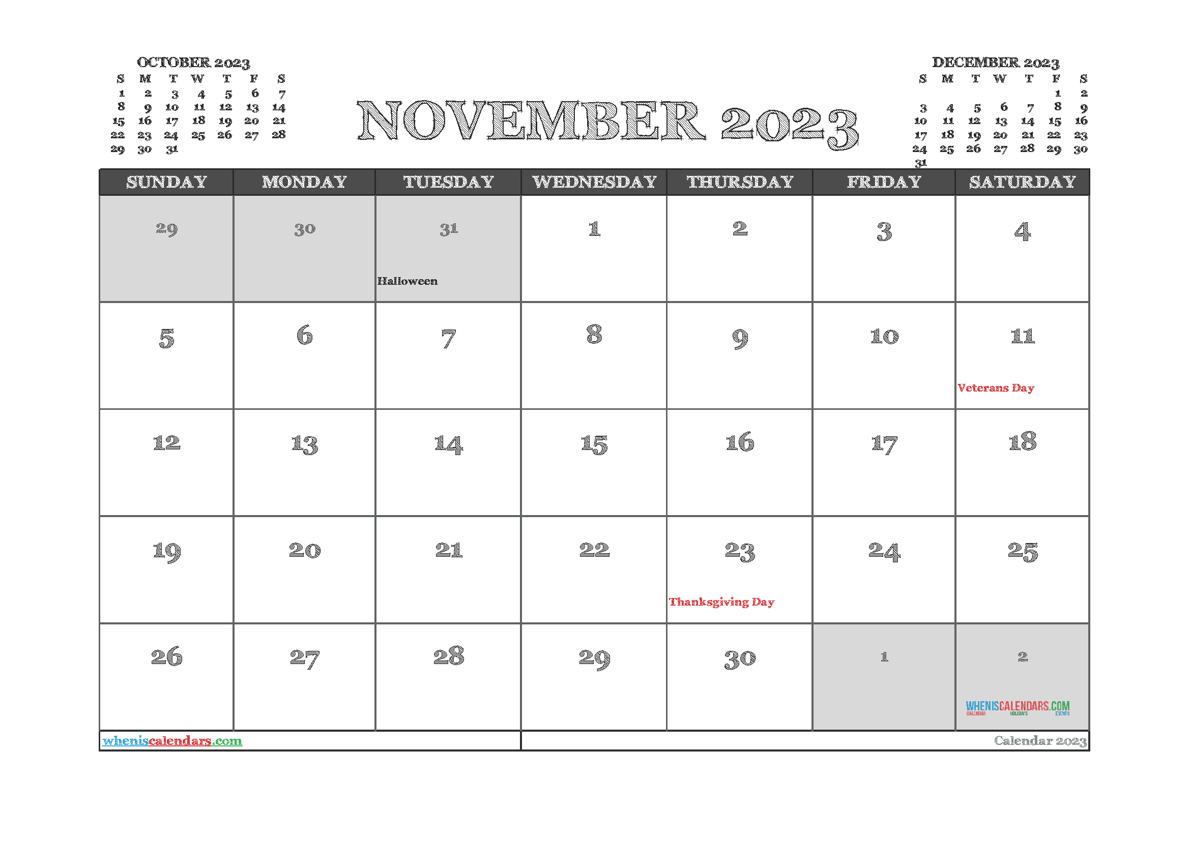 Free Printable Calendar November 2023 with Holidays PDF in Landscape