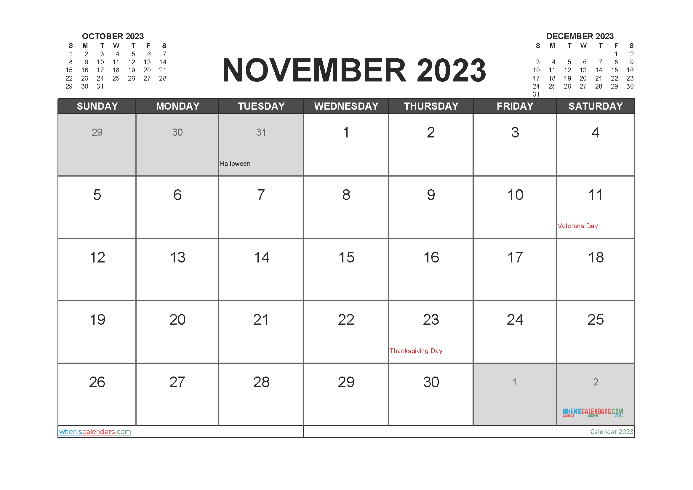 Free Printable Calendar 2023 November with Holidays PDF in Landscape