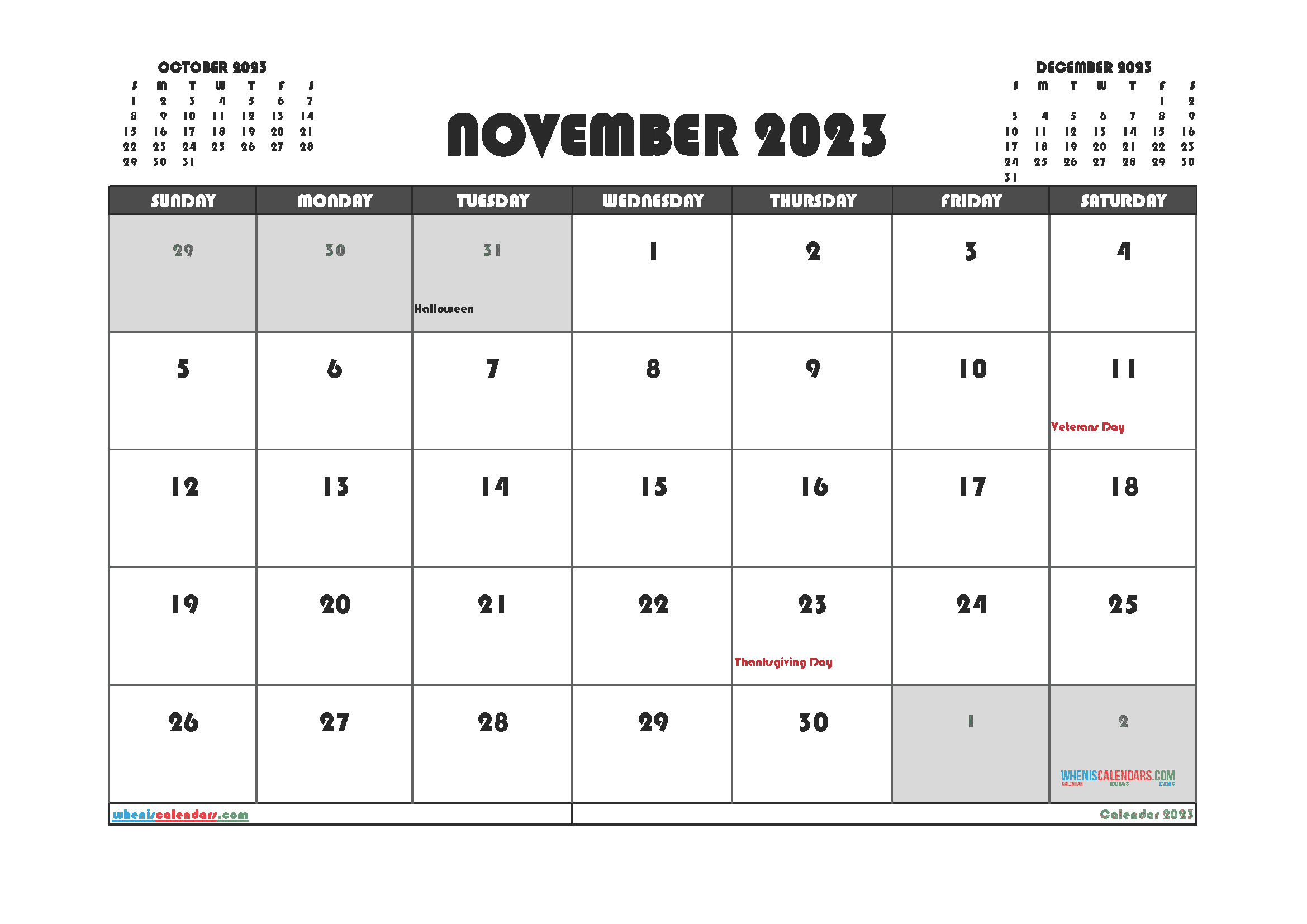 Downloadable November 2023 Calendar with Holidays Printable Free PDF in Landscape (TMP: 1123ha4hl87)