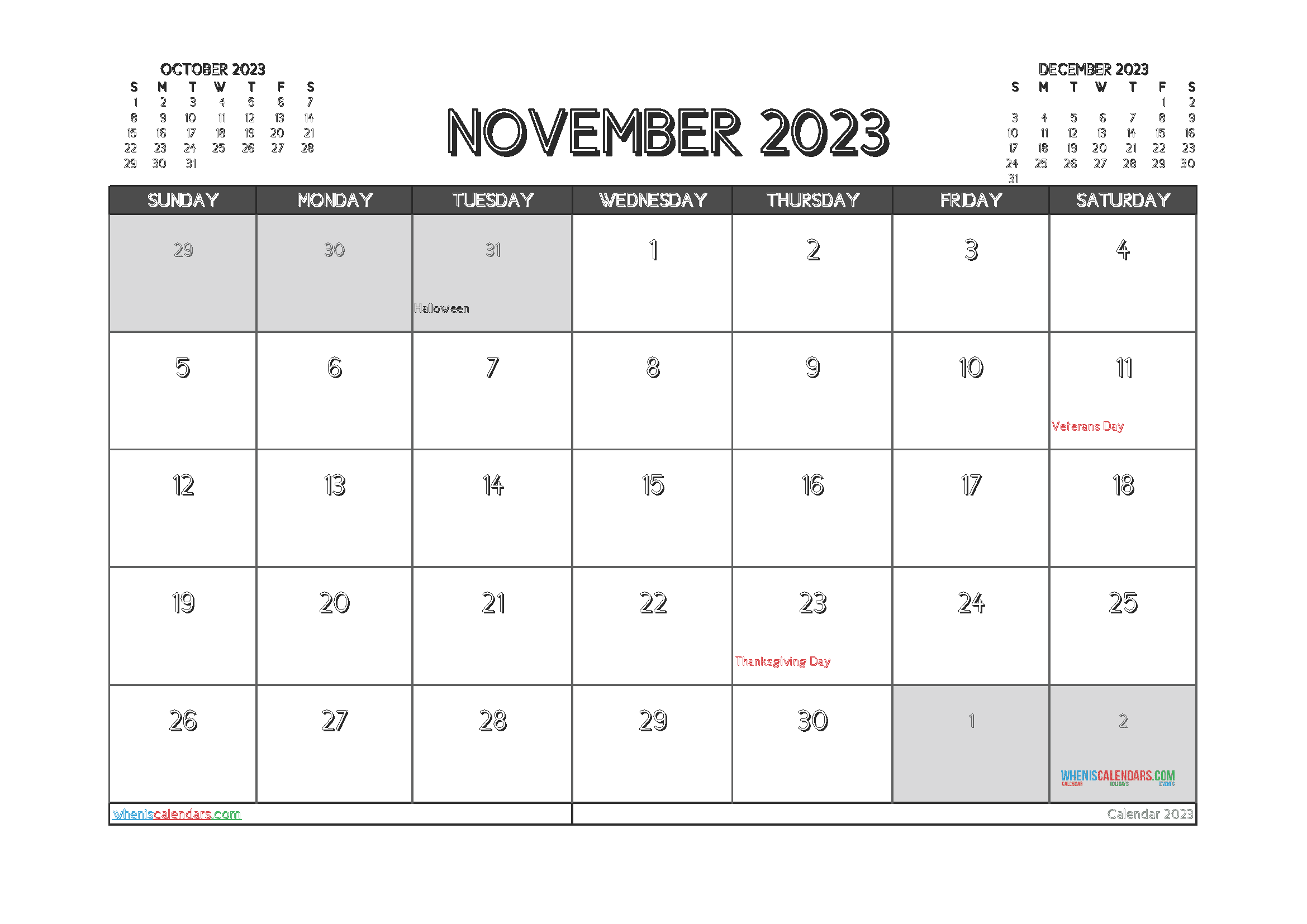 Free Calendar November 2023 with Holidays Printable PDF in Landscape (TMP: 1123ha4hl112)