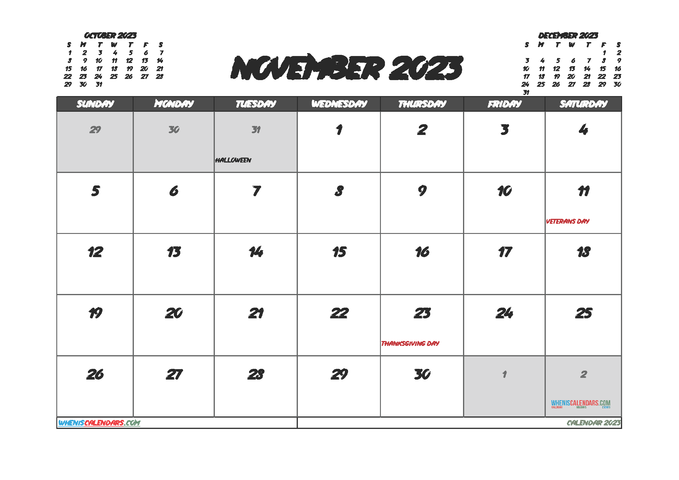 Free Calendar 2023 November with Holidays PDF in Landscape (TMP: 1123ha4hl106)