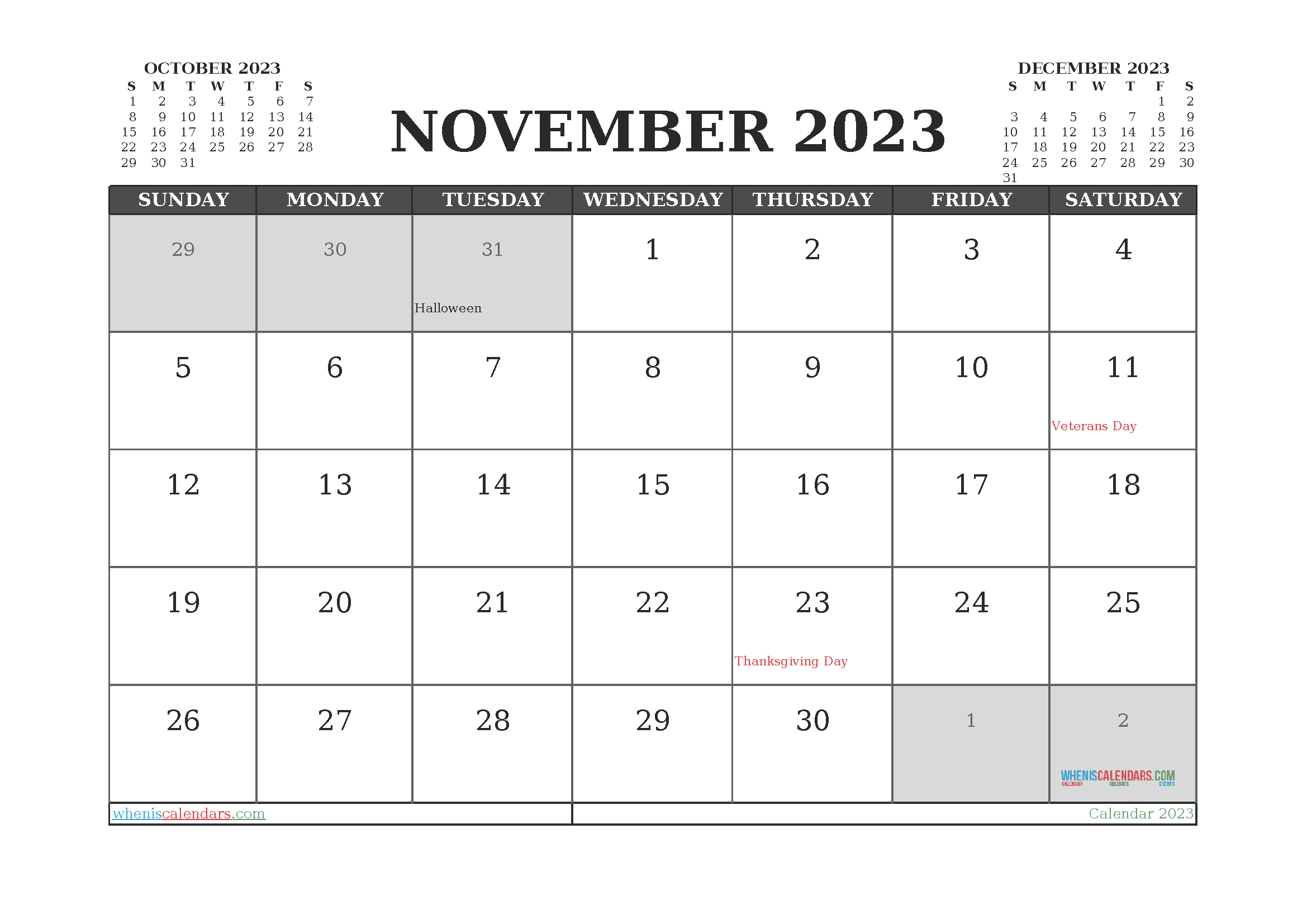 Free Printable Calendar November 2023 with Holidays PDF in Landscape