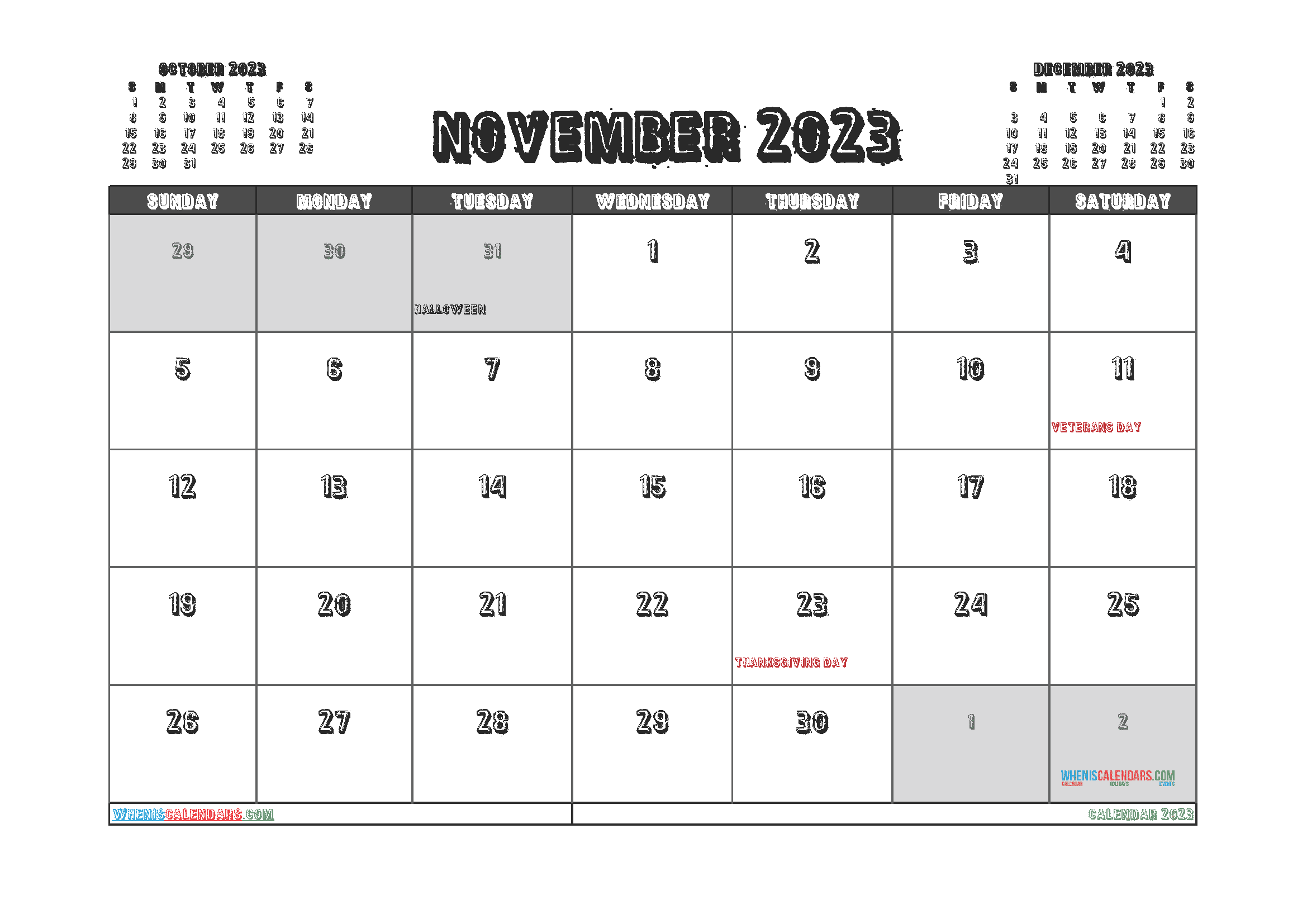 Free Calendar November 2023 with Holidays Printable PDF in Landscape