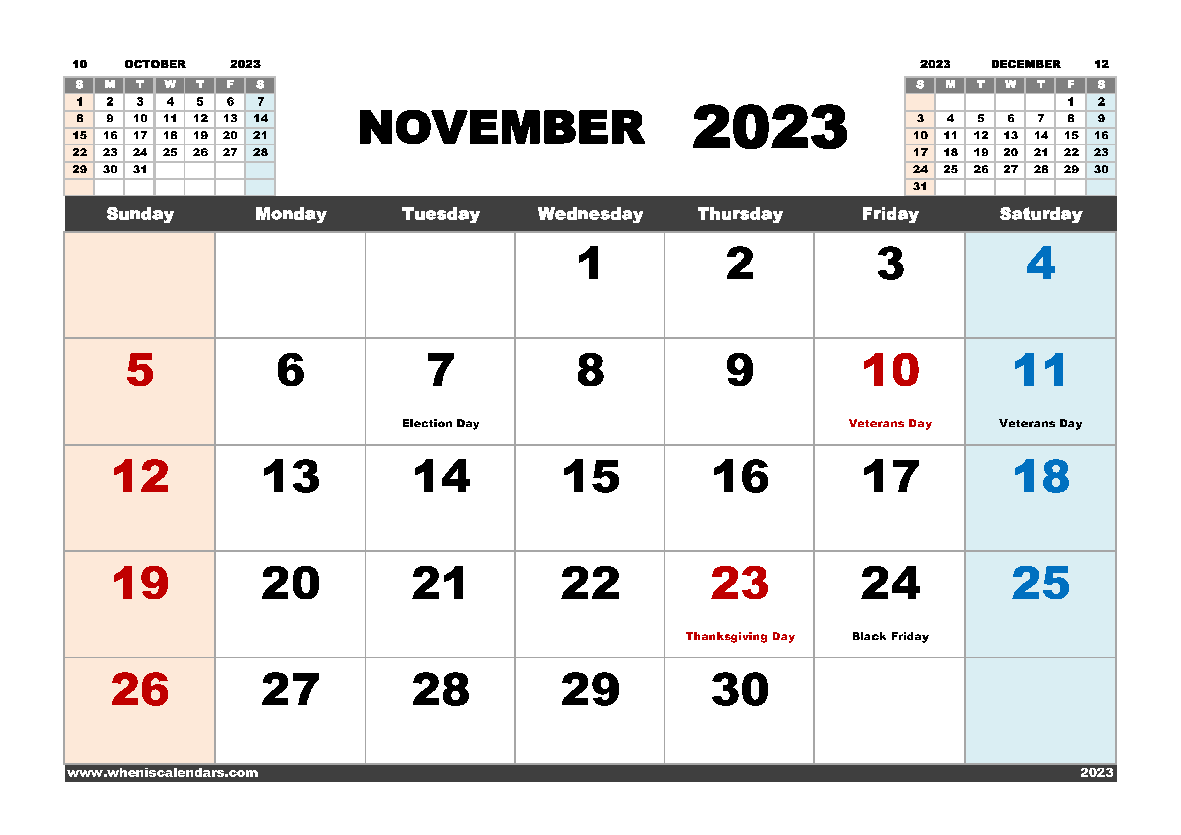November 2023 Calendar Free Printable PDF Landscape Format