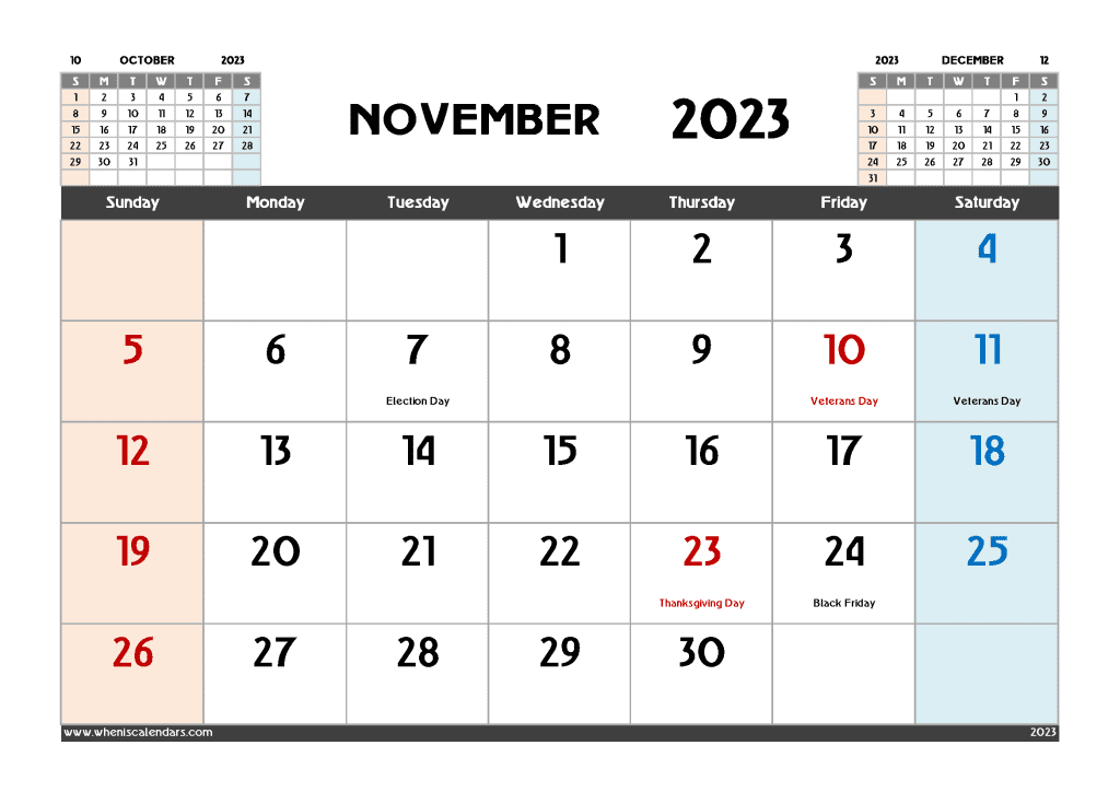 Downloadable free printable Calendar for November 2023 with Holidays in variety format and orientation