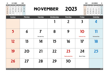 Downloadable free printable Calendar for November 2023 with Holidays in variety format and orientation