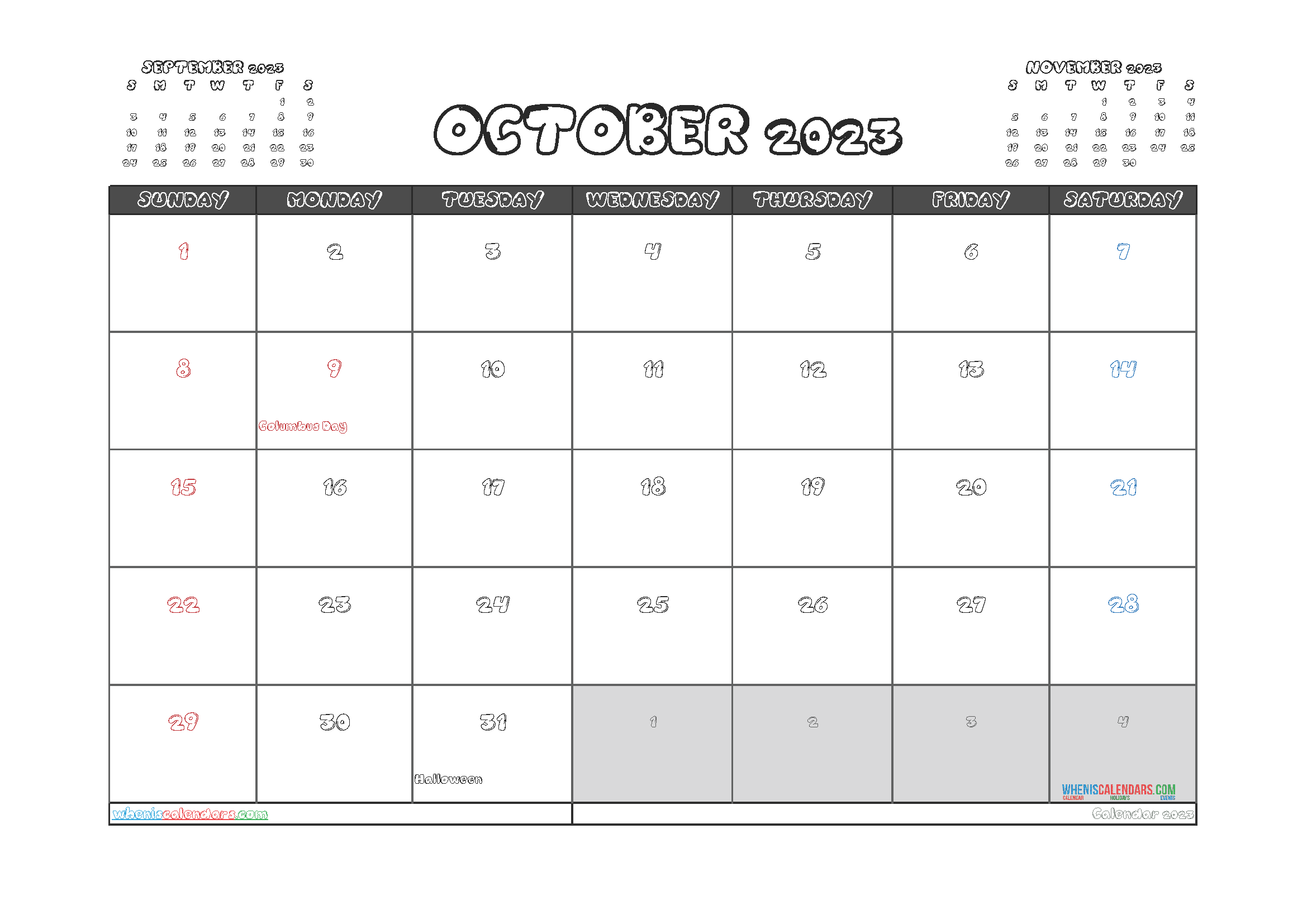Free Printable Calendar October 2023 with Holidays PDF in Landscape