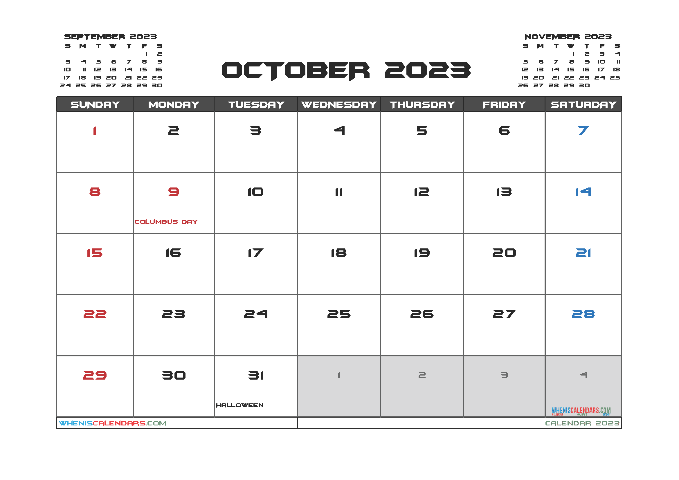 October 2023 Calendar with Holidays Free Printable PDF in Landscape
