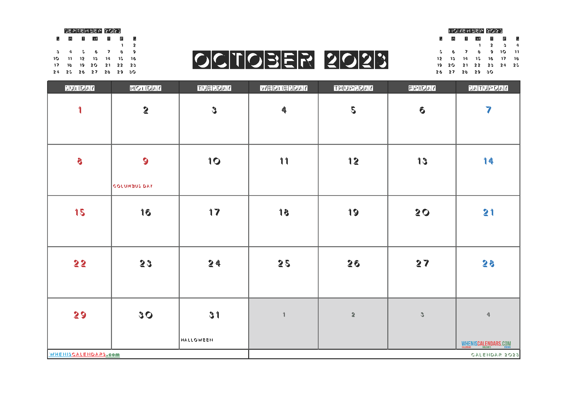 Free Calendar 2023 October with Holidays PDF in Landscape