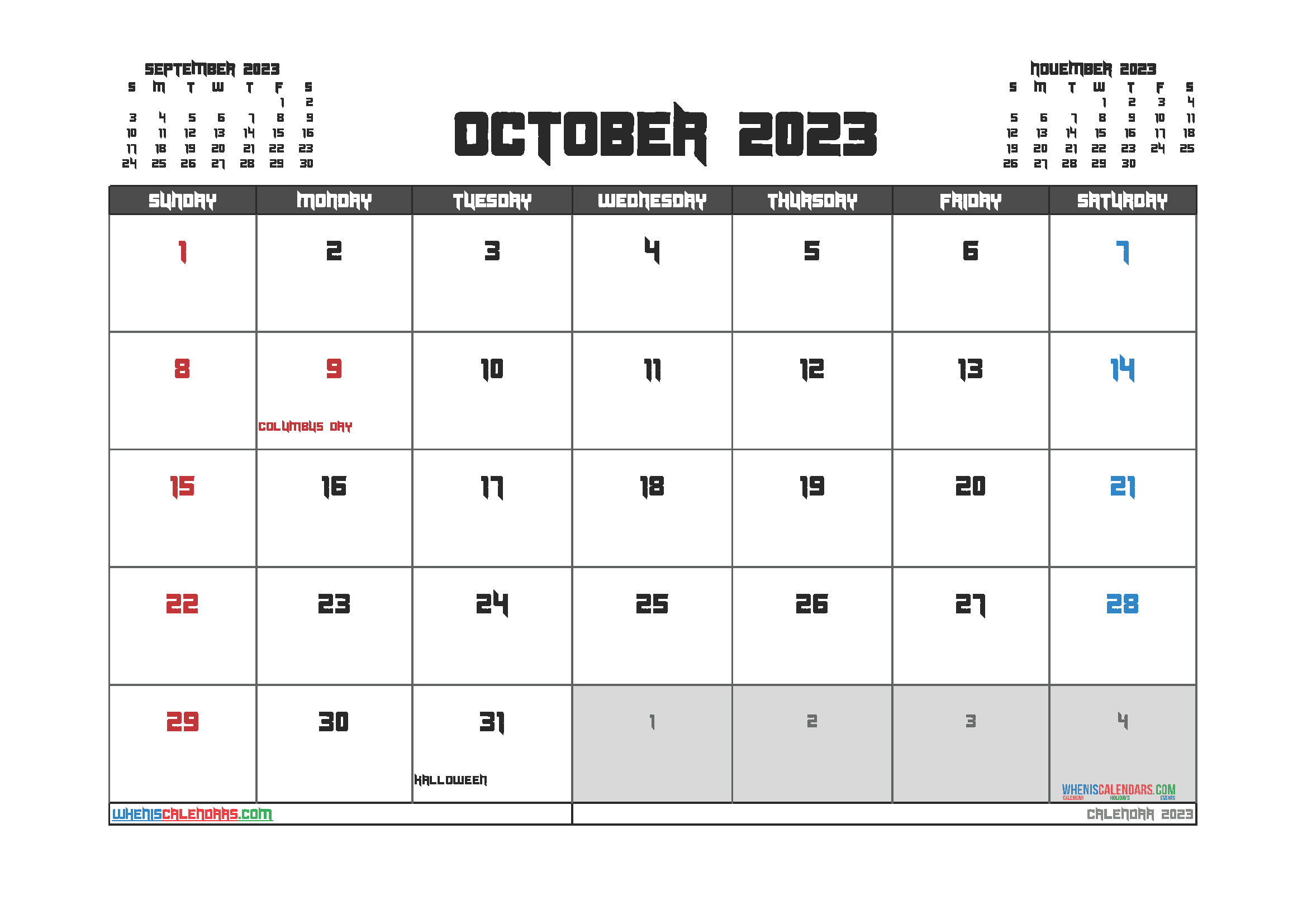 Free Printable Calendar 2023 October with Holidays PDF in Landscape