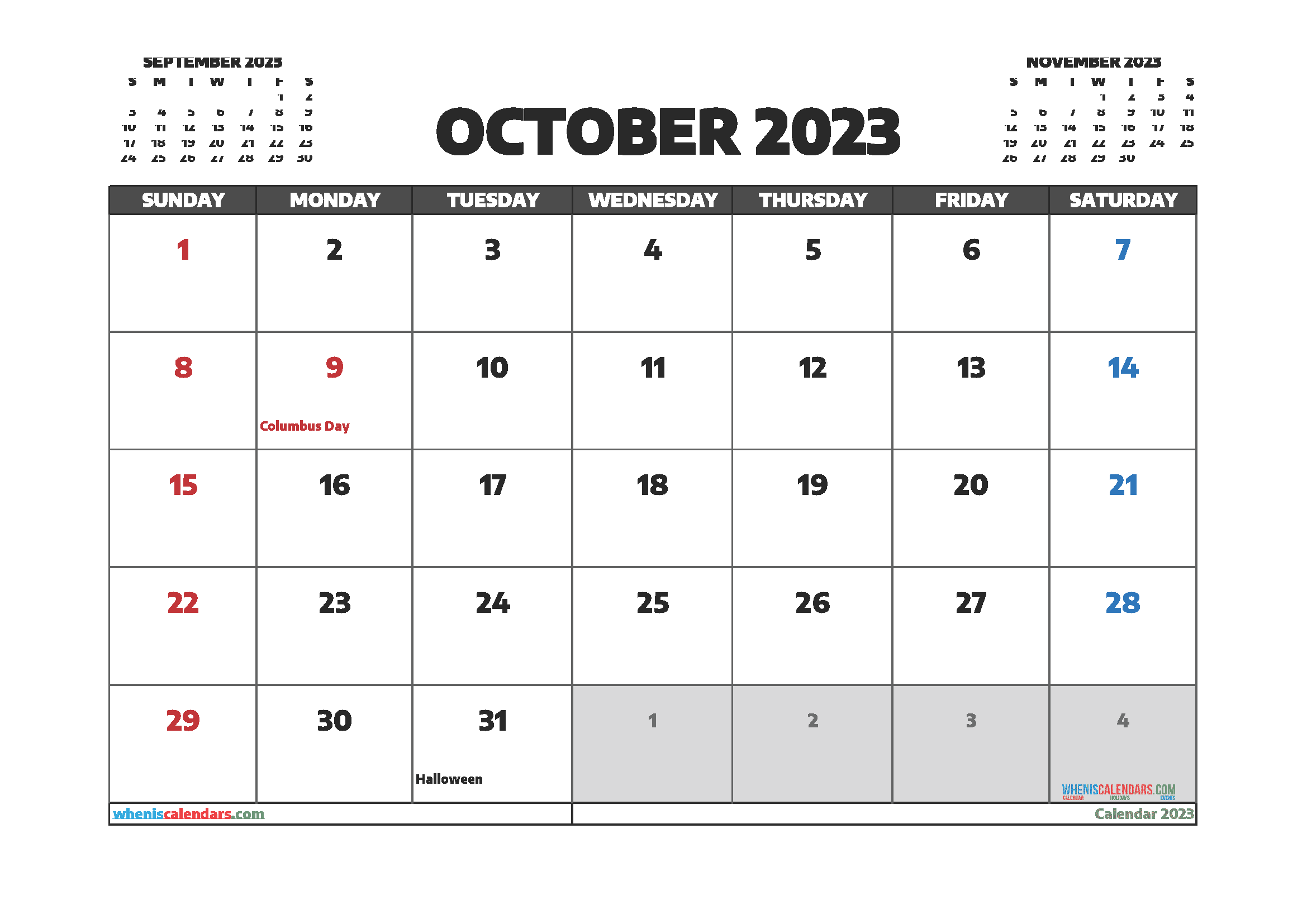 Free Printable October 2023 Calendar with Holidays PDF in Landscape