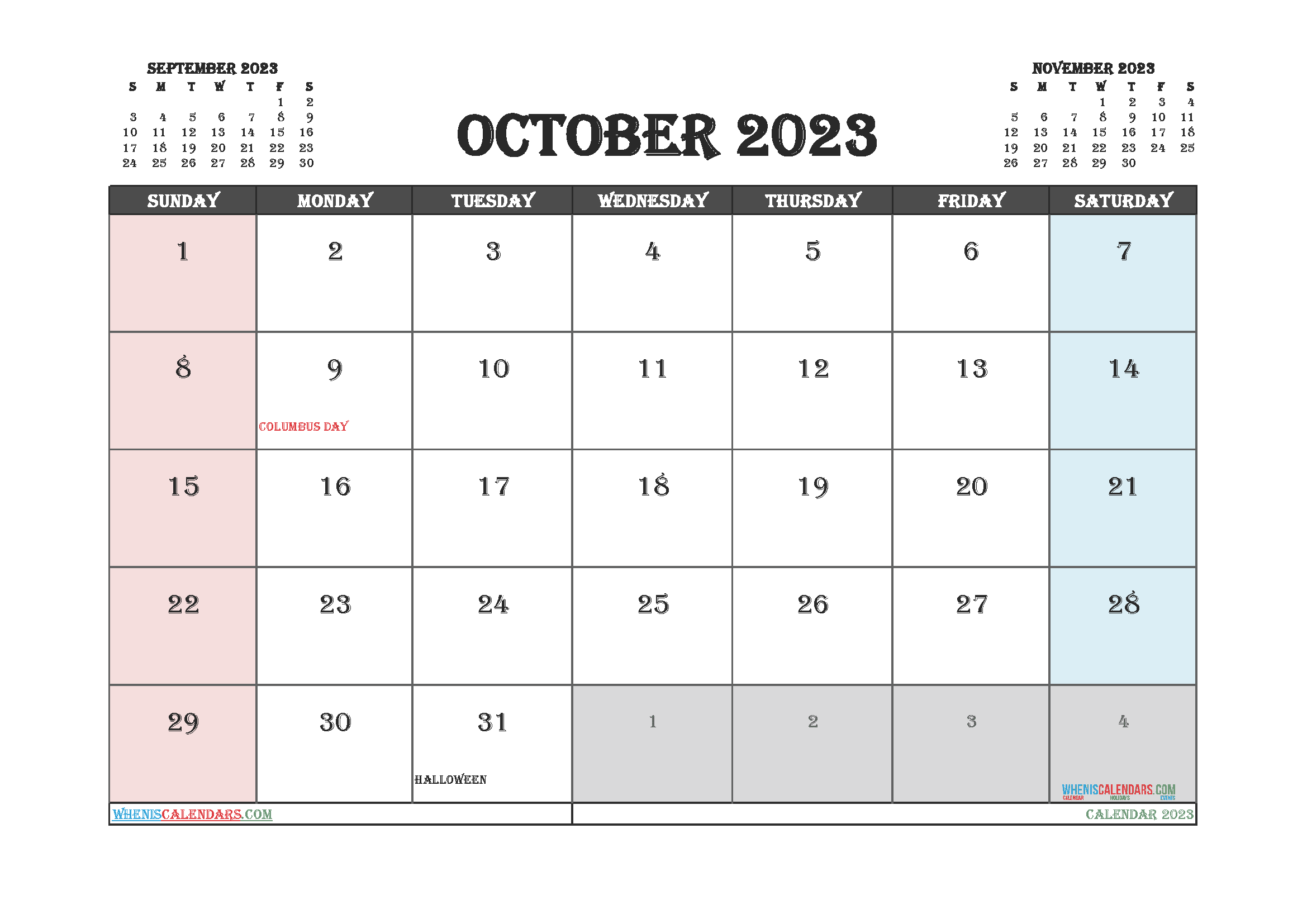 October 2023 Calendar with Holidays Free Printable PDF in Landscape
