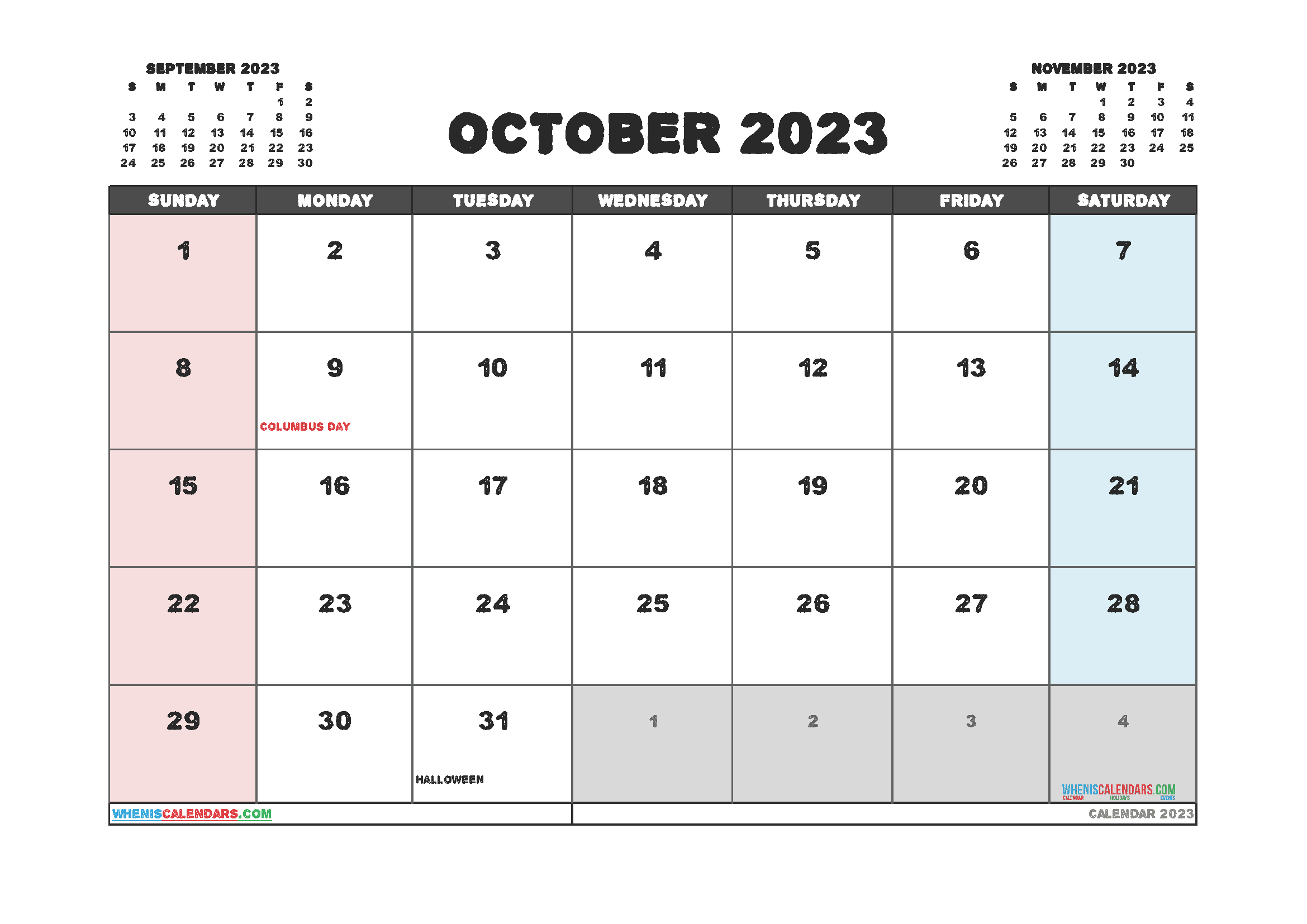 Free Calendar October 2023 with Holidays Printable PDF in Landscape