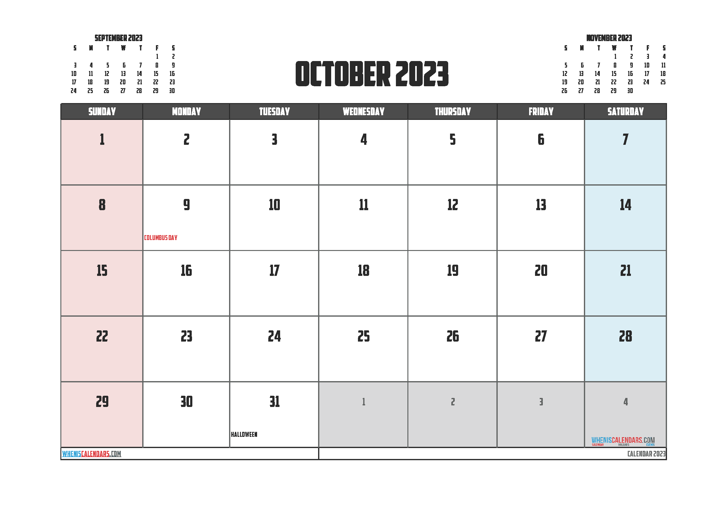 Downloadable October 2023 Calendar with Holidays Printable Free PDF in Landscape