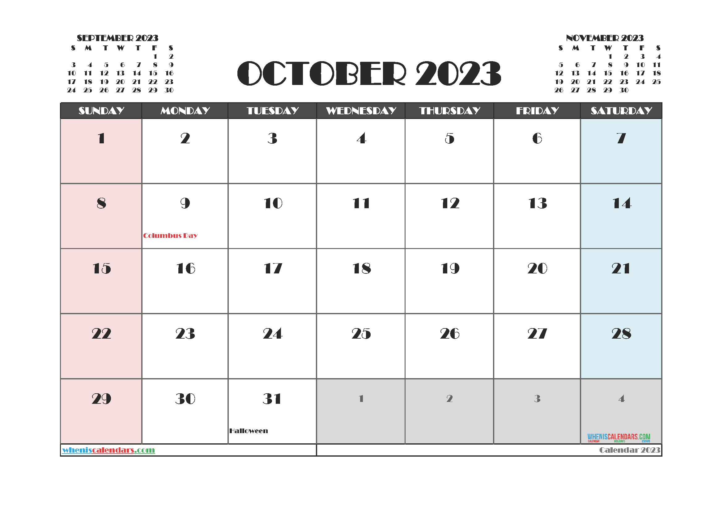 Free Printable October 2023 Calendar with Holidays PDF in Landscape