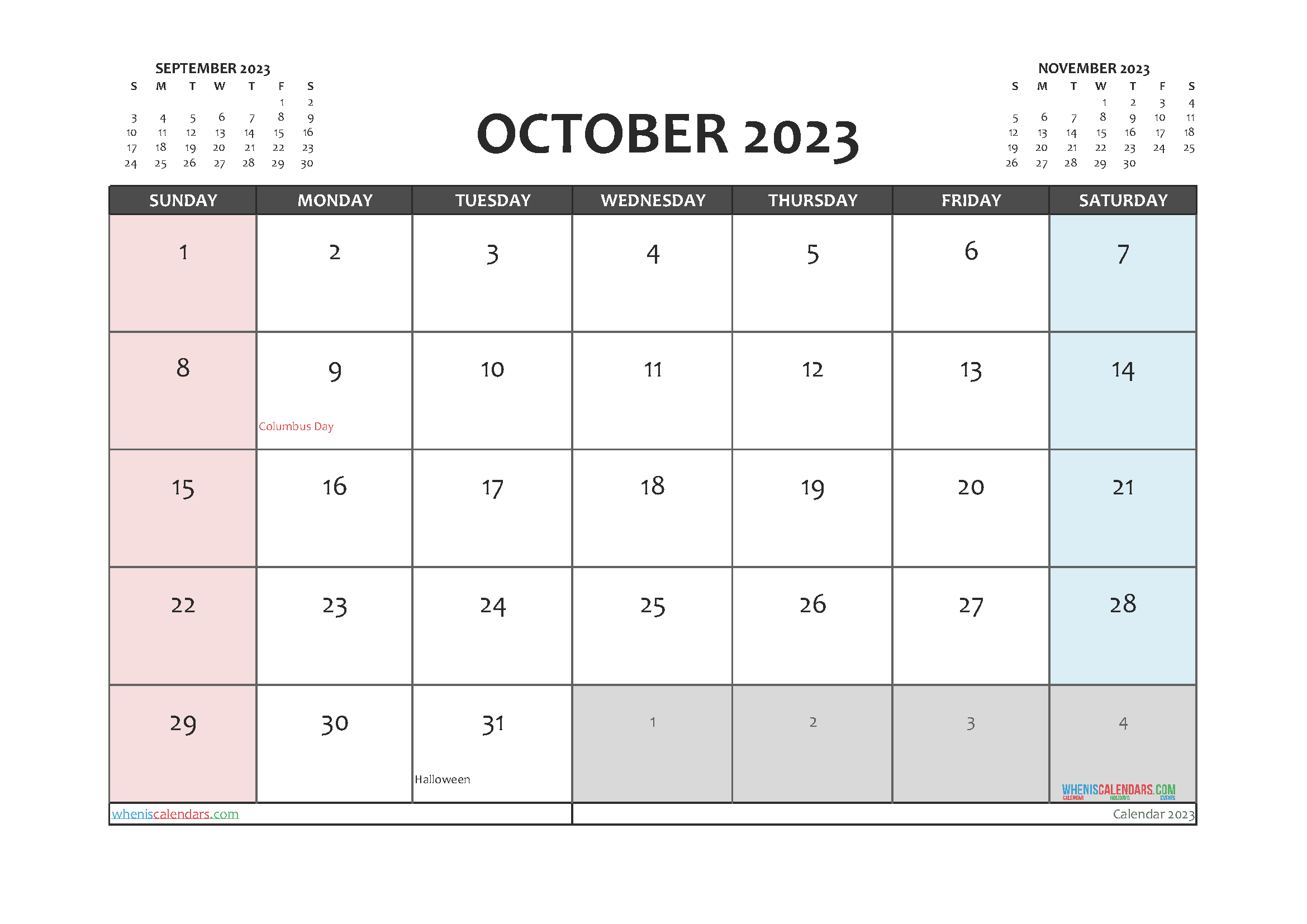 Free October 2023 Calendar with Holidays Printable PDF in Landscape