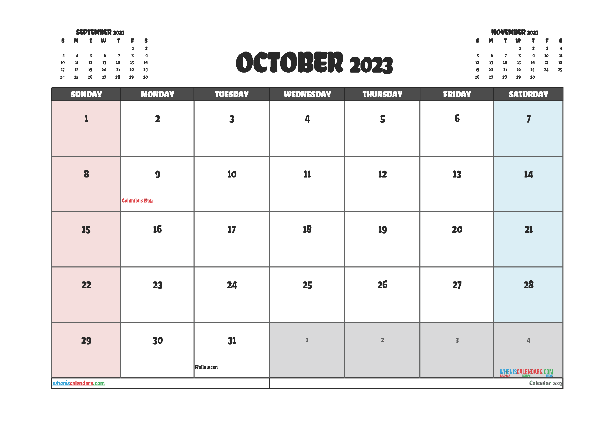 Downloadable October 2023 Calendar with Holidays Printable Free PDF in Landscape